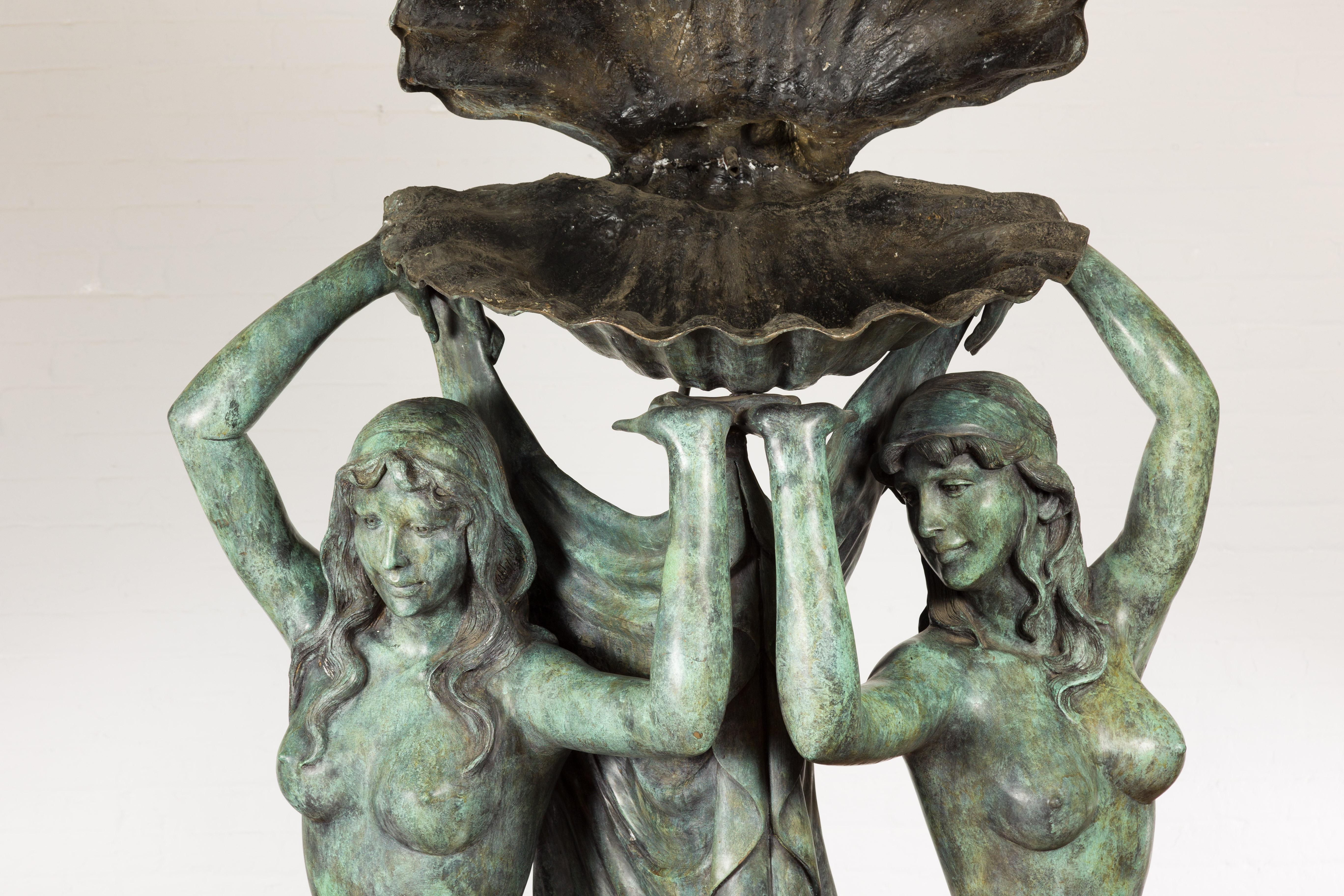 Contemporary Bronze Greco Roman Inspired Fountain Depicting Three Nymphs Holding a Clamshell For Sale