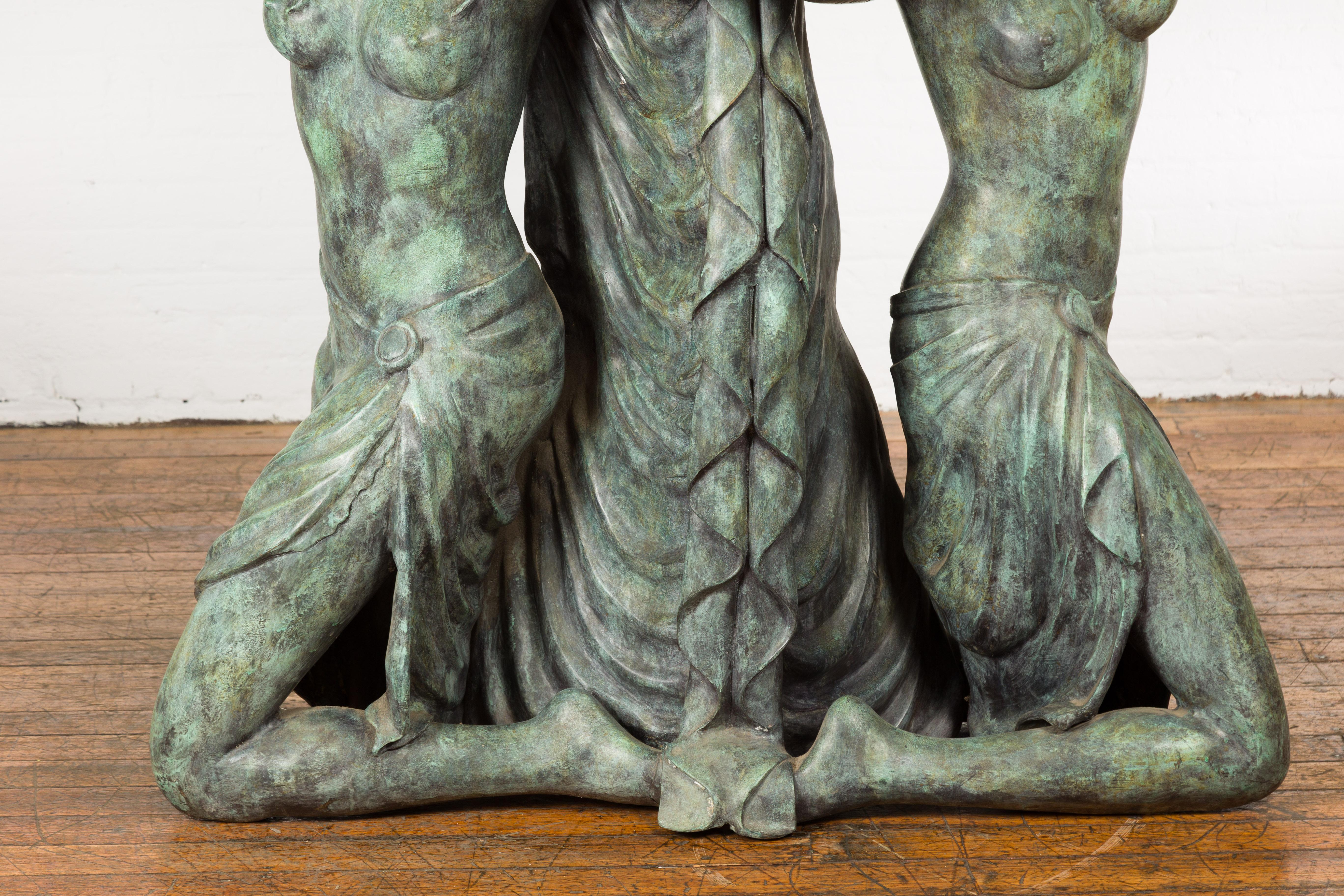 Bronze Greco Roman Inspired Fountain Depicting Three Nymphs Holding a Clamshell For Sale 2