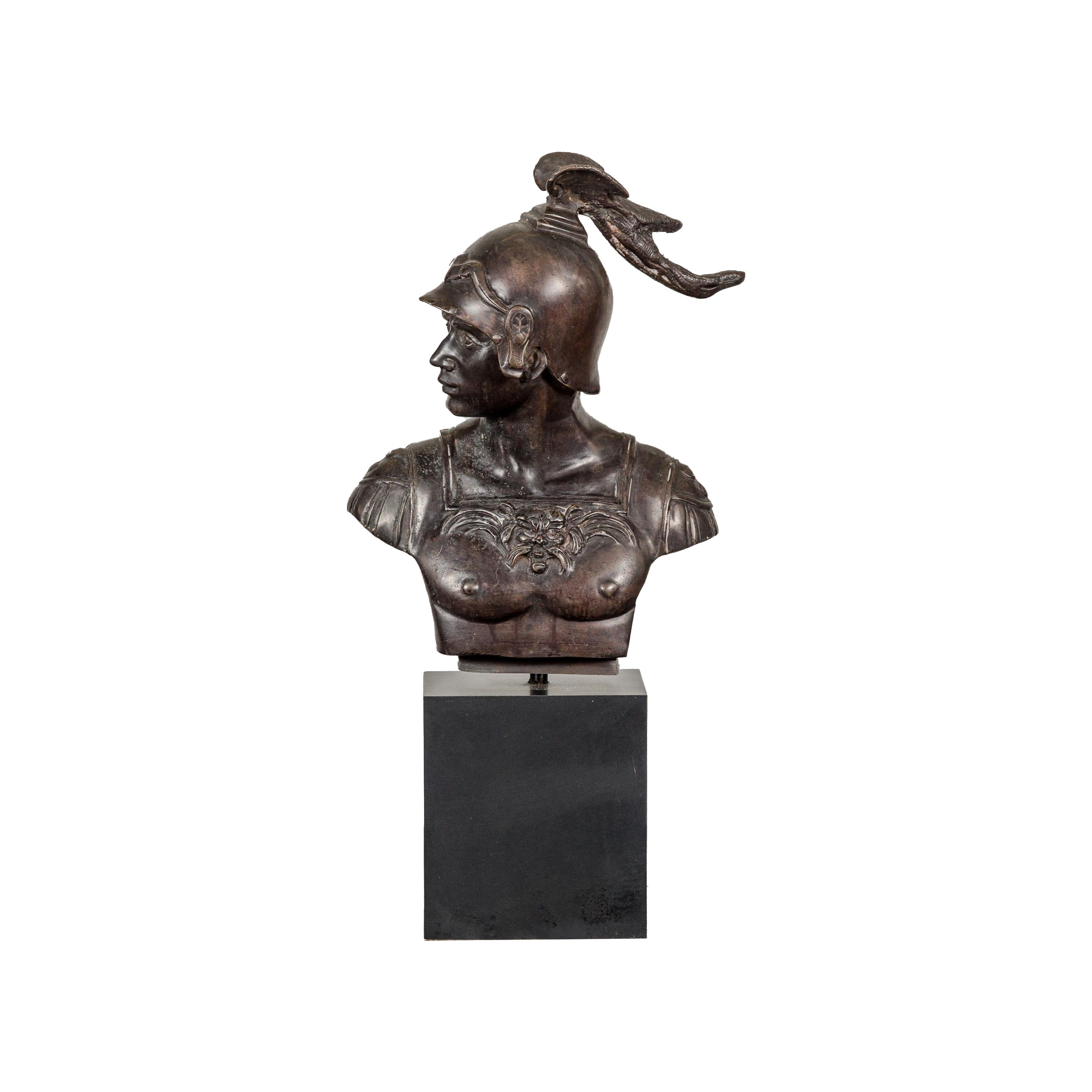 Bronze Greco Roman Style Bust of a Spartan Soldier on Black Wooden Base For Sale 11