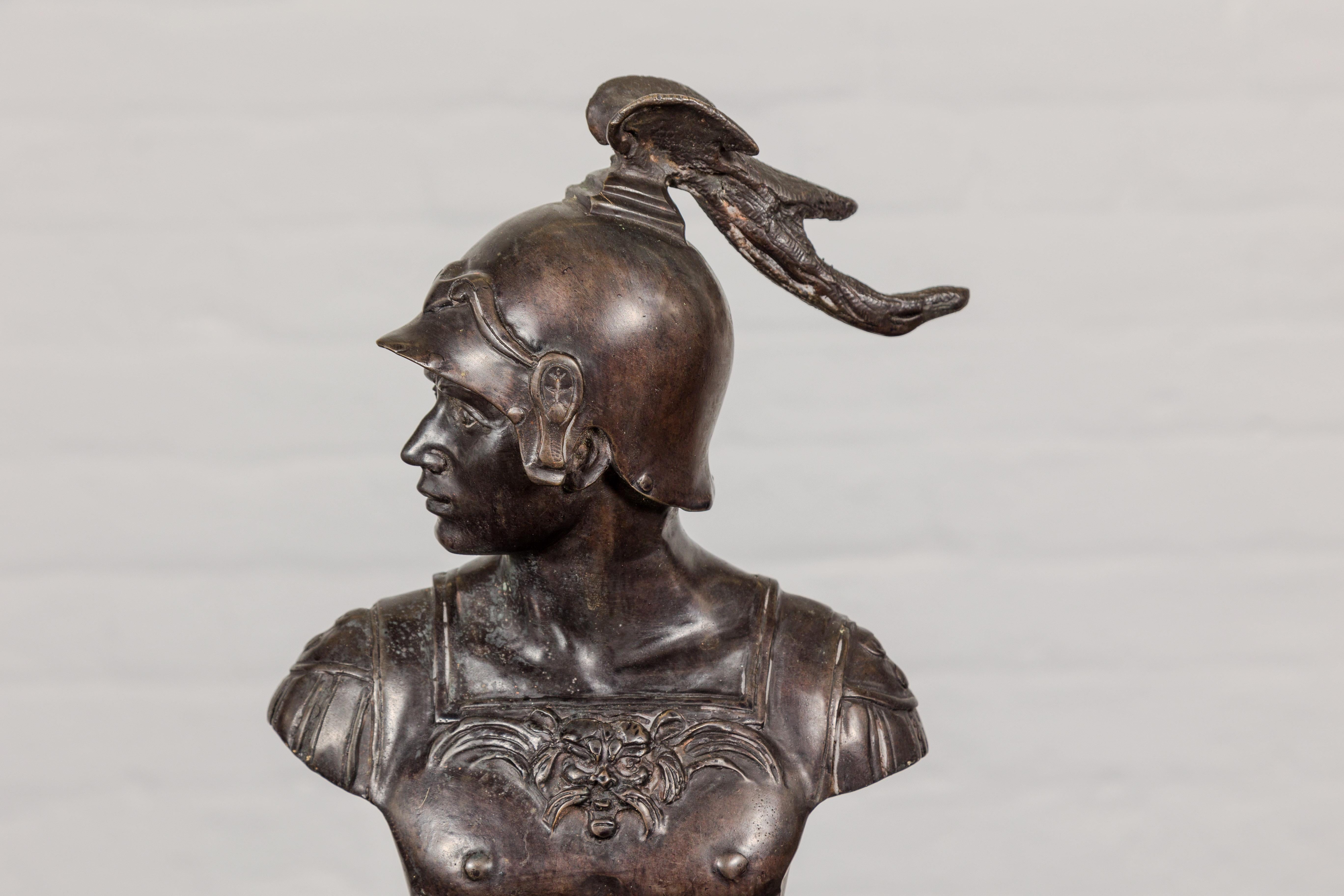 20th Century Bronze Greco Roman Style Bust of a Spartan Soldier on Black Wooden Base For Sale