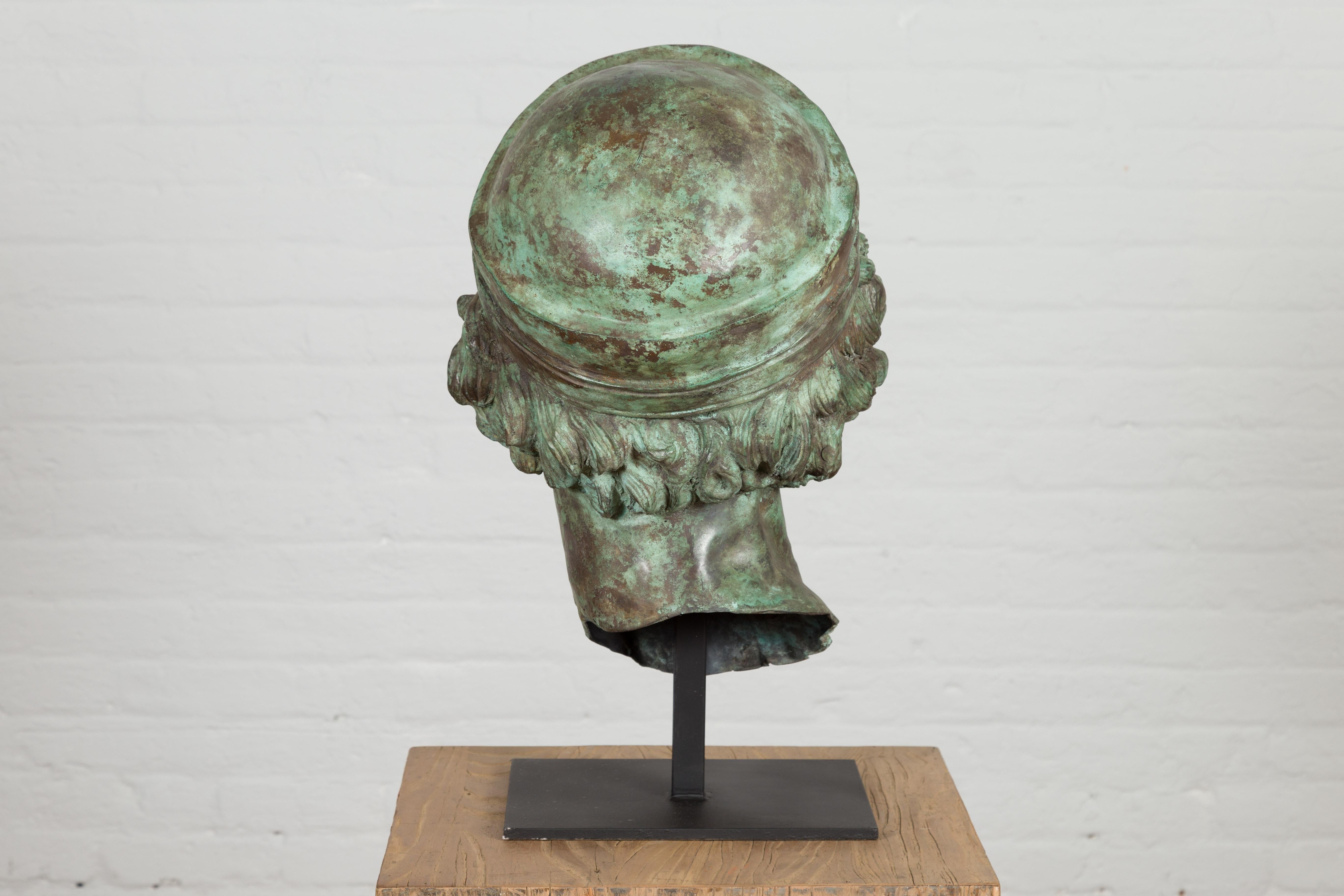 Bronze Greco Roman Style Contemporary Head Sculpture with Verdigris Patina For Sale 8