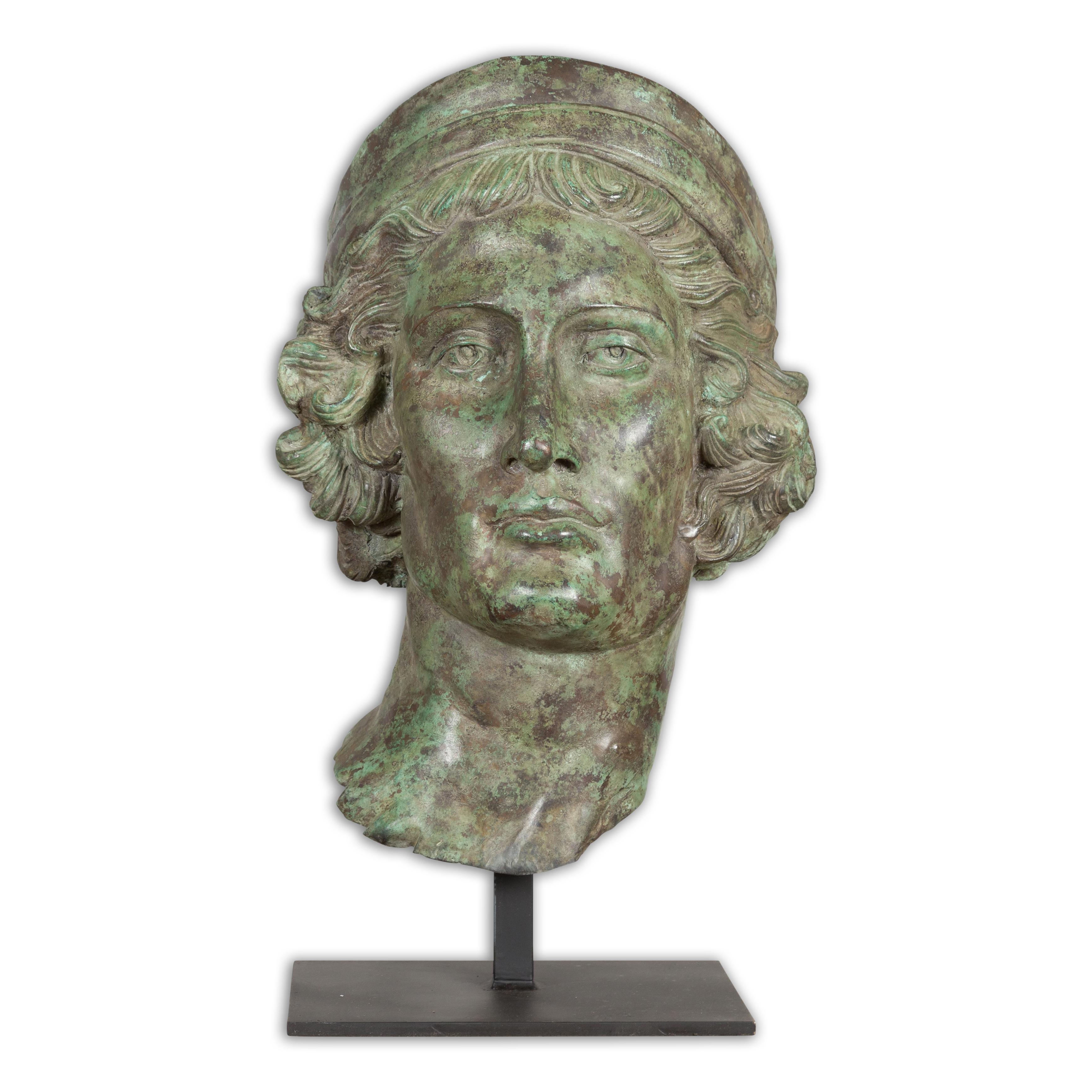 Bronze Greco Roman Style Contemporary Head Sculpture with Verdigris Patina 13