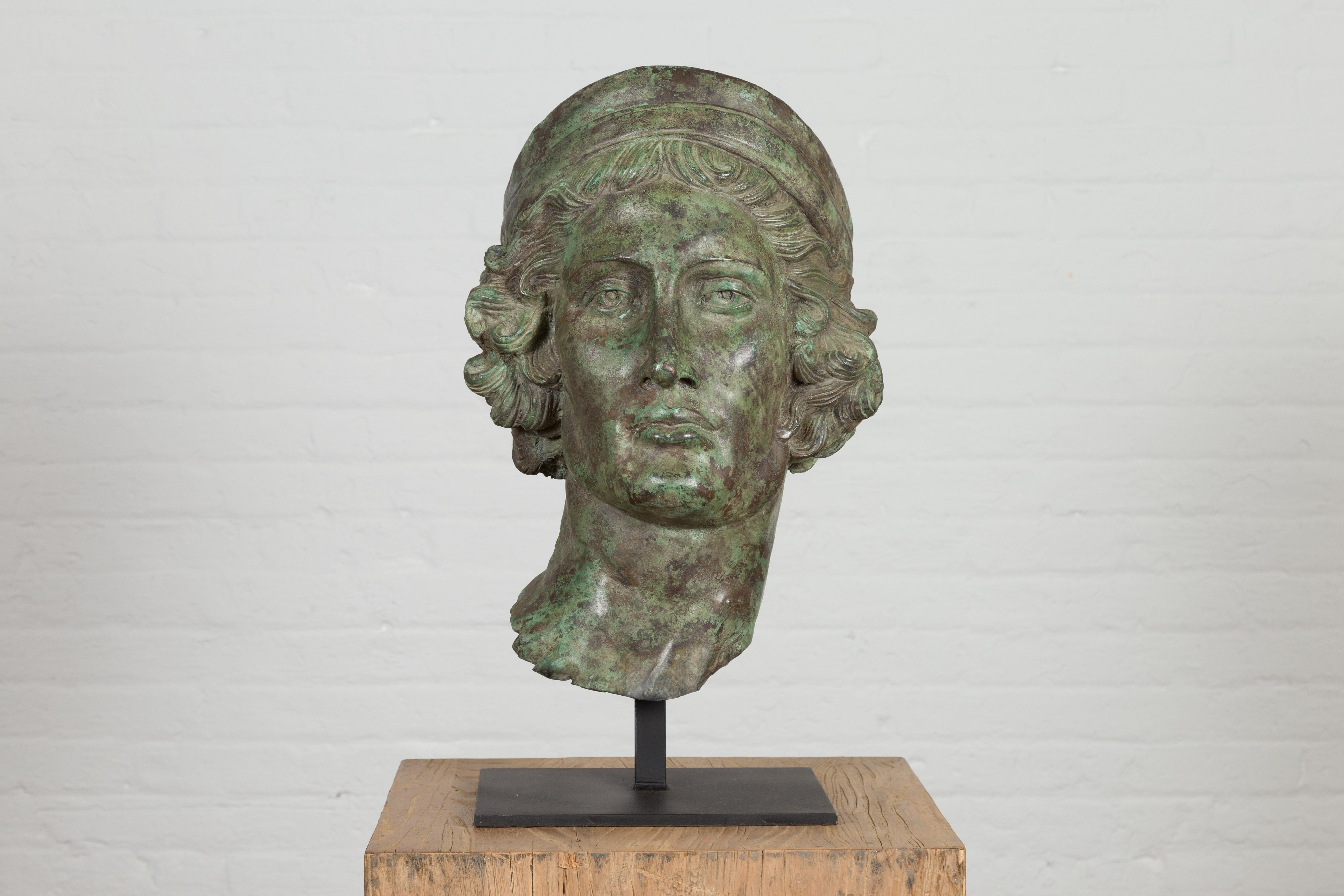 Bronze Greco Roman Style Contemporary Head Sculpture with Verdigris Patina In Excellent Condition For Sale In Yonkers, NY