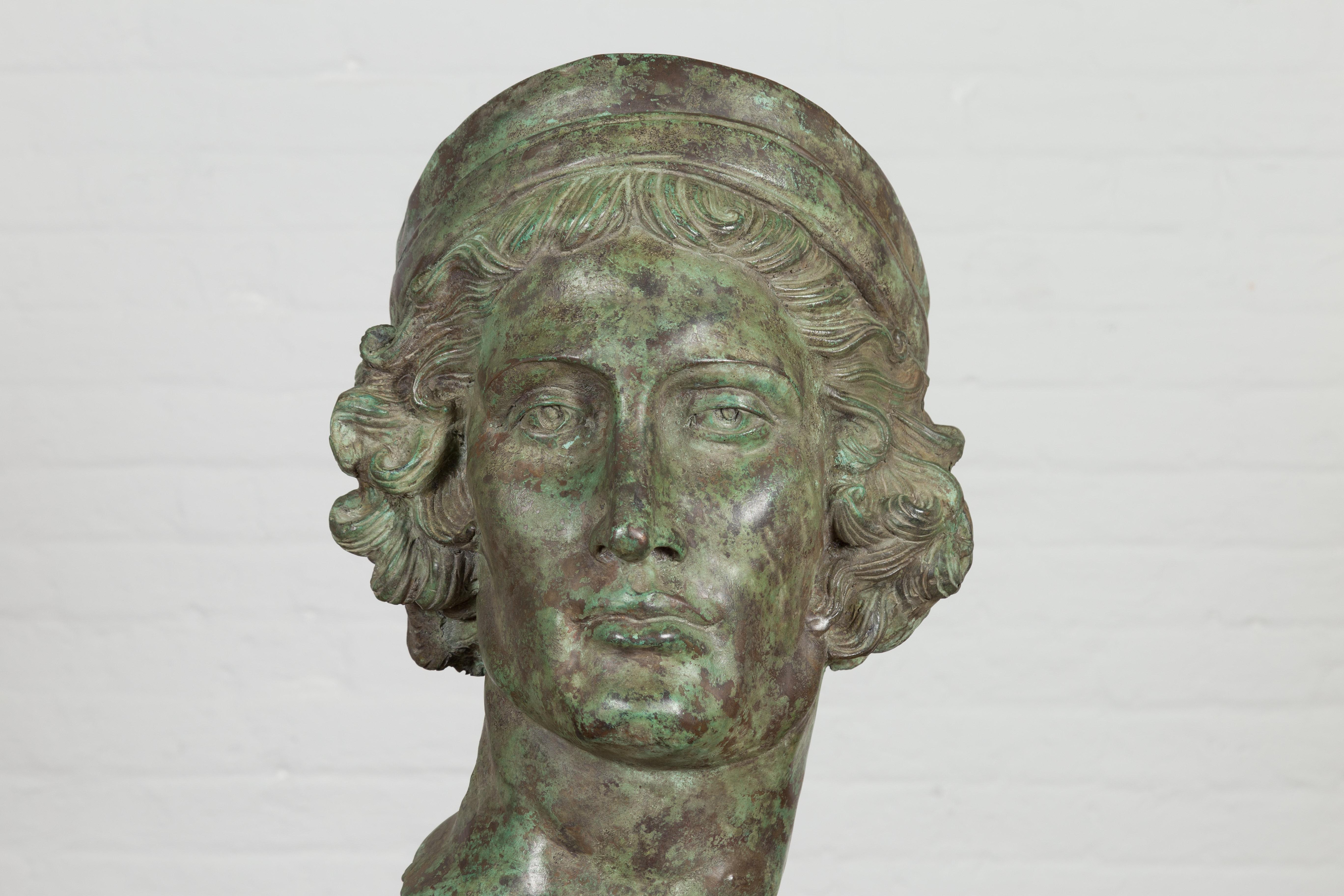 Bronze Greco Roman Style Contemporary Head Sculpture with Verdigris Patina 1