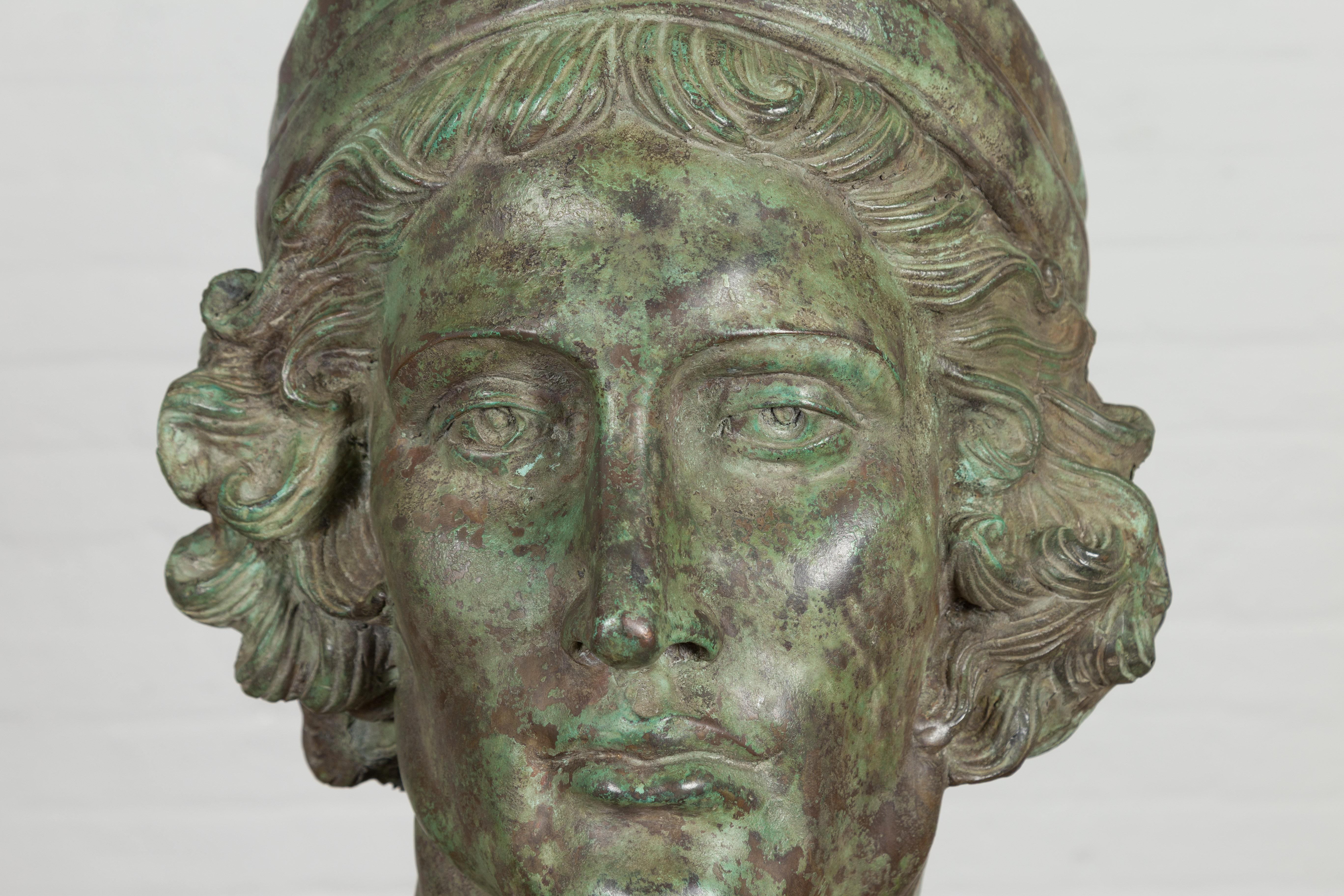 Bronze Greco Roman Style Contemporary Head Sculpture with Verdigris Patina For Sale 3