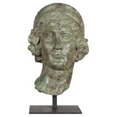 Bronze Greco Roman Style Contemporary Head Sculpture with Verdigris Patina