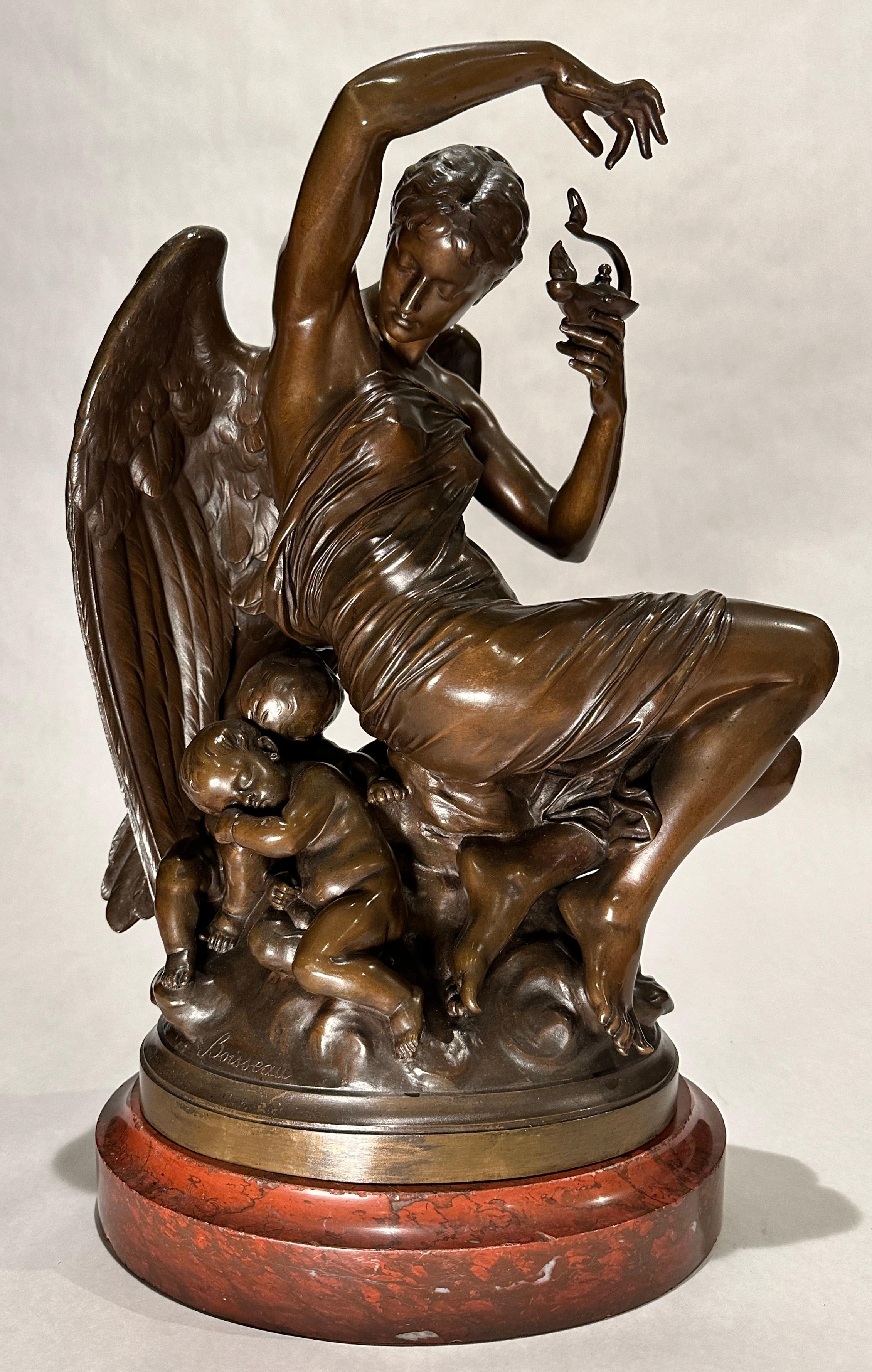 Emile-André Boisseau (1842-1923)
Groupe figuratif en bronze patiné : Le Crépuscule. Monté sur un socle en marbre. Signé 