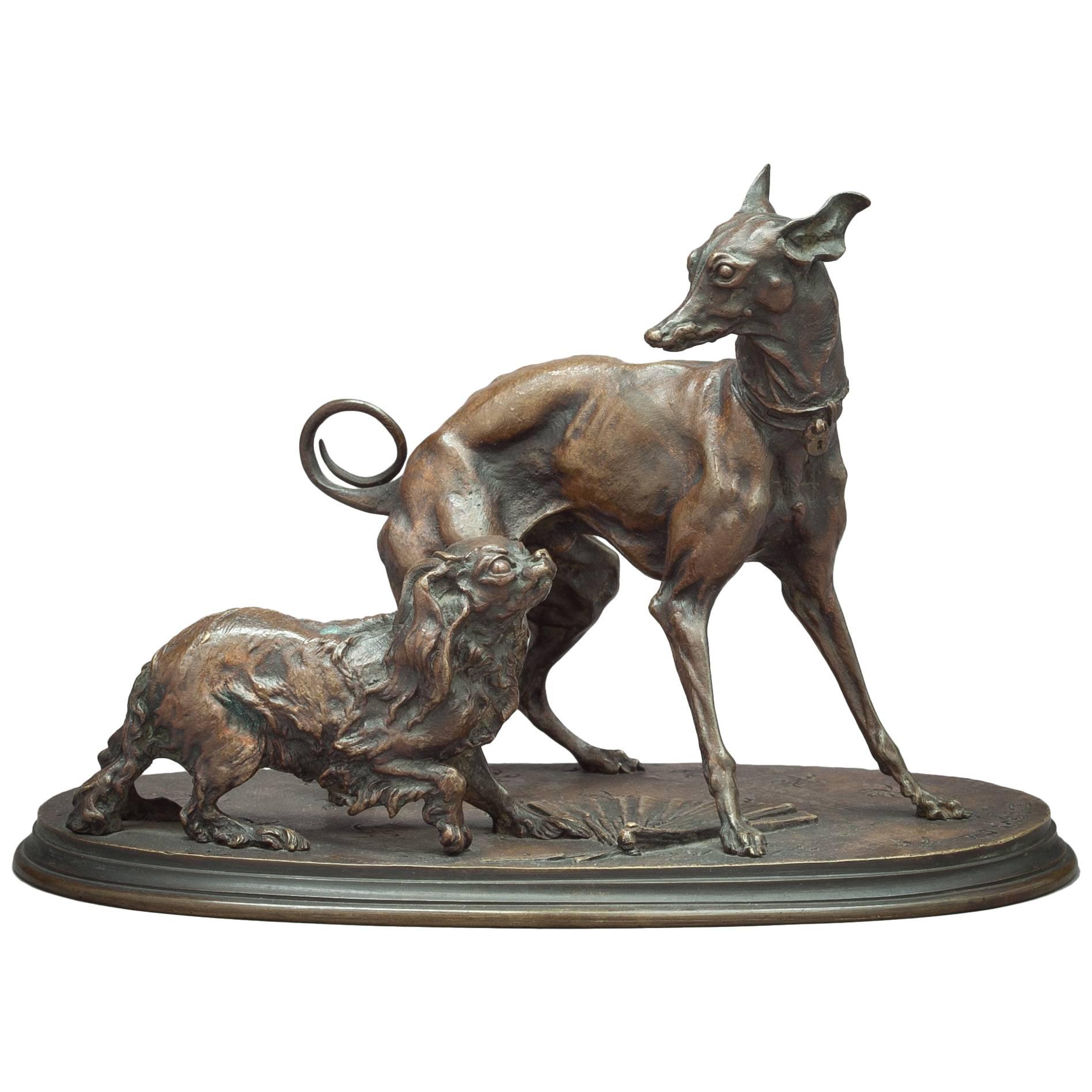 Bronzegruppe mit Whippet und Pekinesen, um 1880 im Angebot