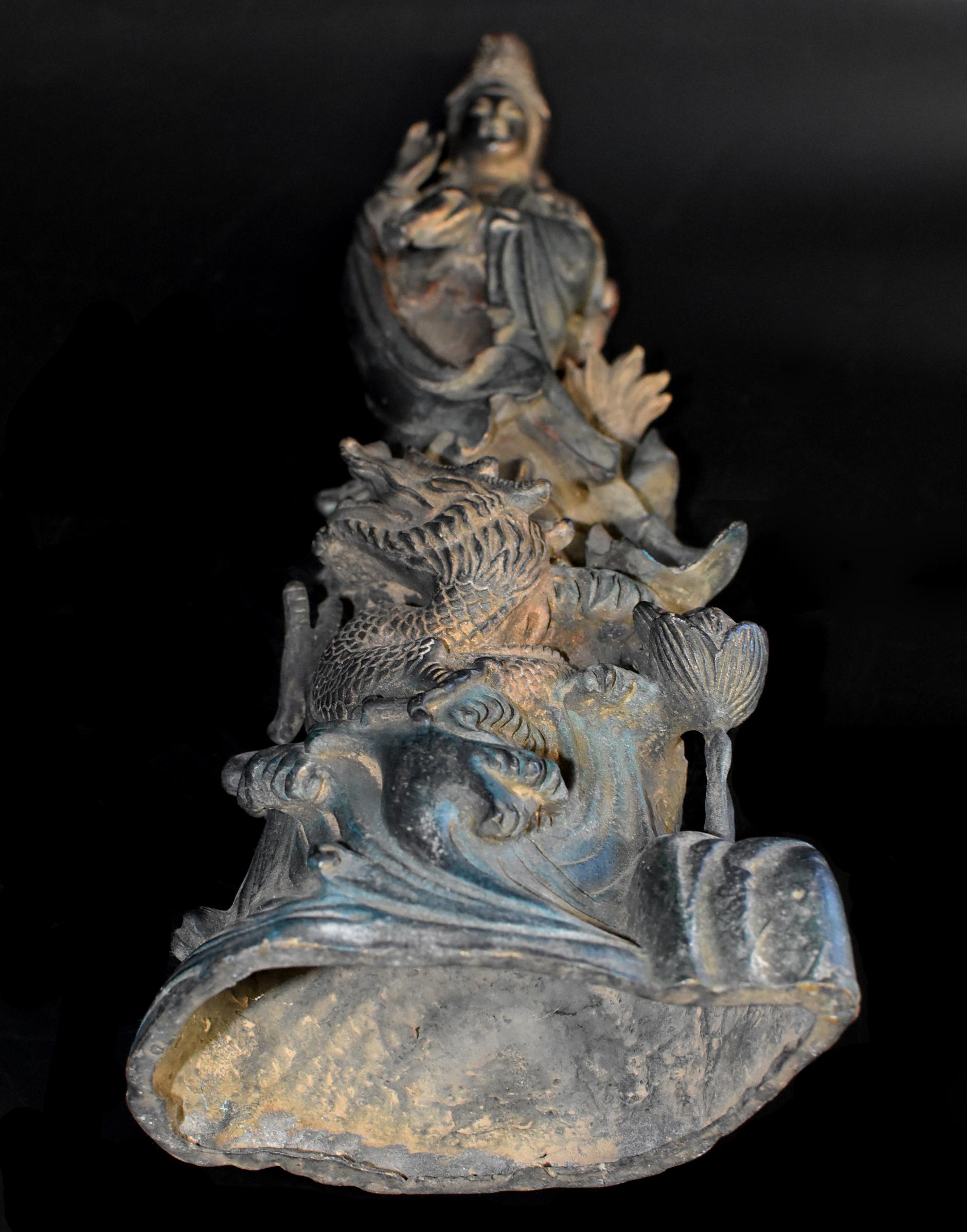 Bronze Guan Yin on Dragon Statue 12