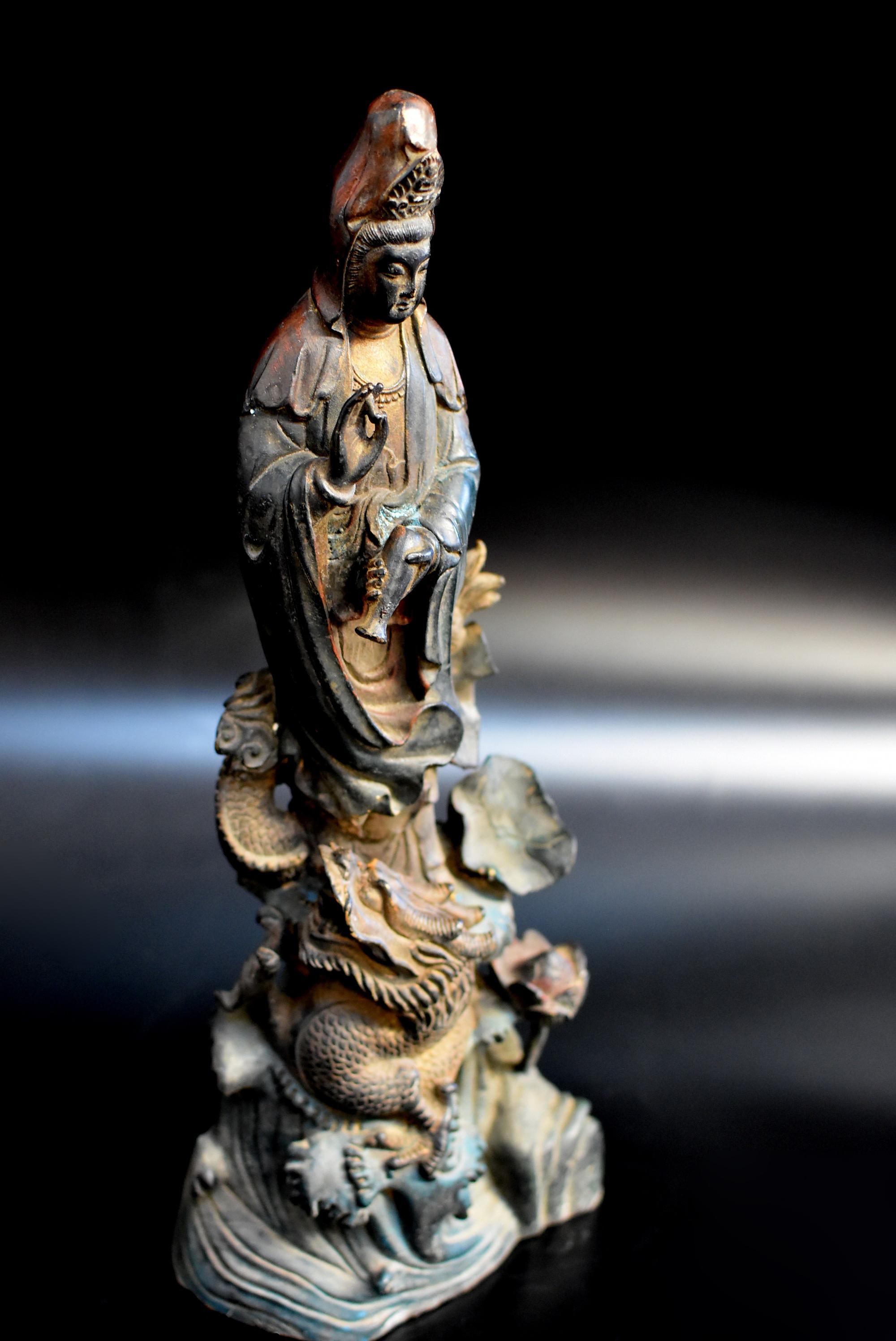 Bronze Guan Yin on Dragon Statue In Good Condition In Somis, CA
