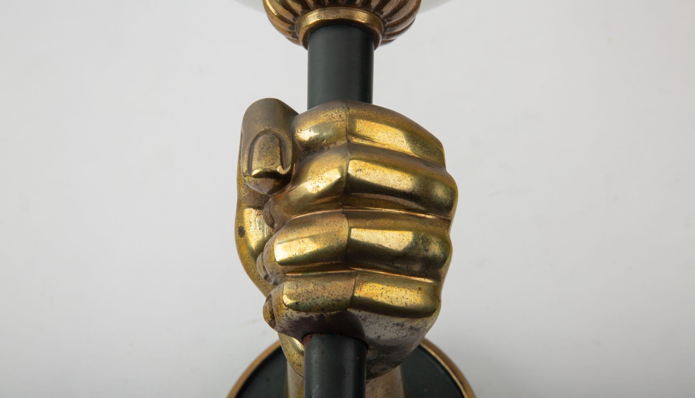 Bronze Hand-Form Wall Sconces with Opaline Shades by Maison Arlus (Pair) en venta 4