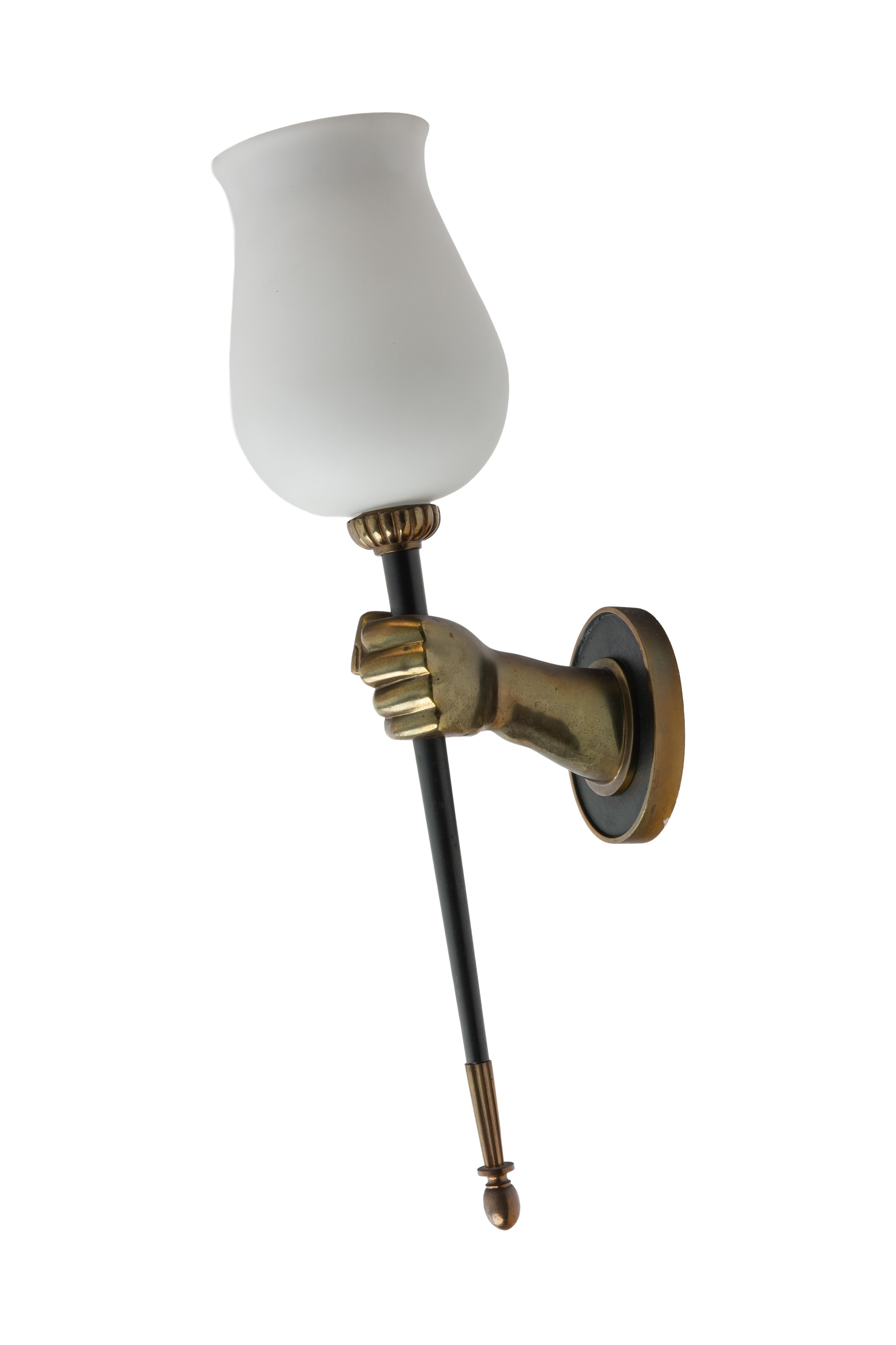 Bronze Hand-Form Wall Sconces with Opaline Shades by Maison Arlus (Pair) Francés en venta