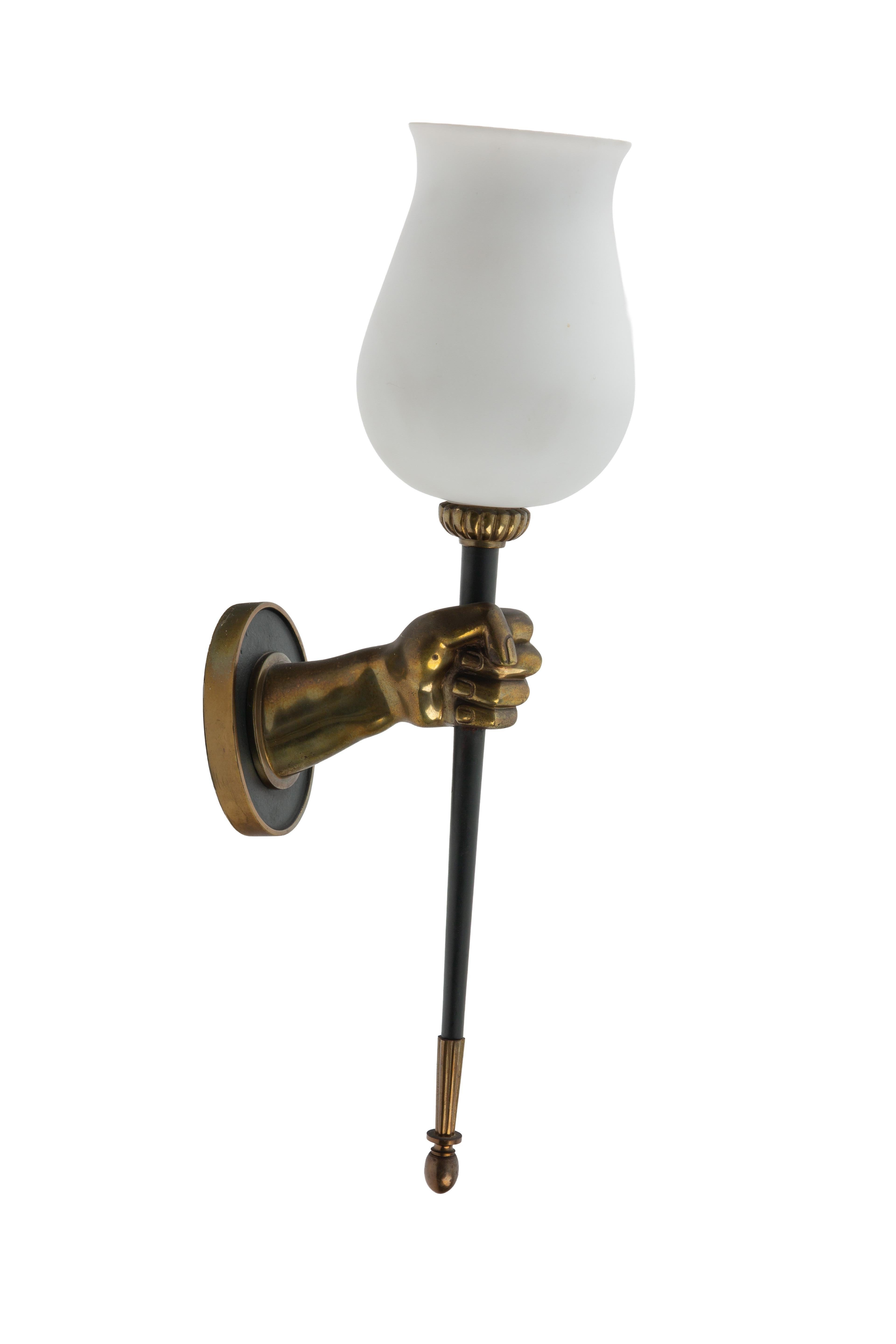 Bronze Hand-Form Wall Sconces with Opaline Shades by Maison Arlus (Pair) en Excelente estado para la venta en New York, NY