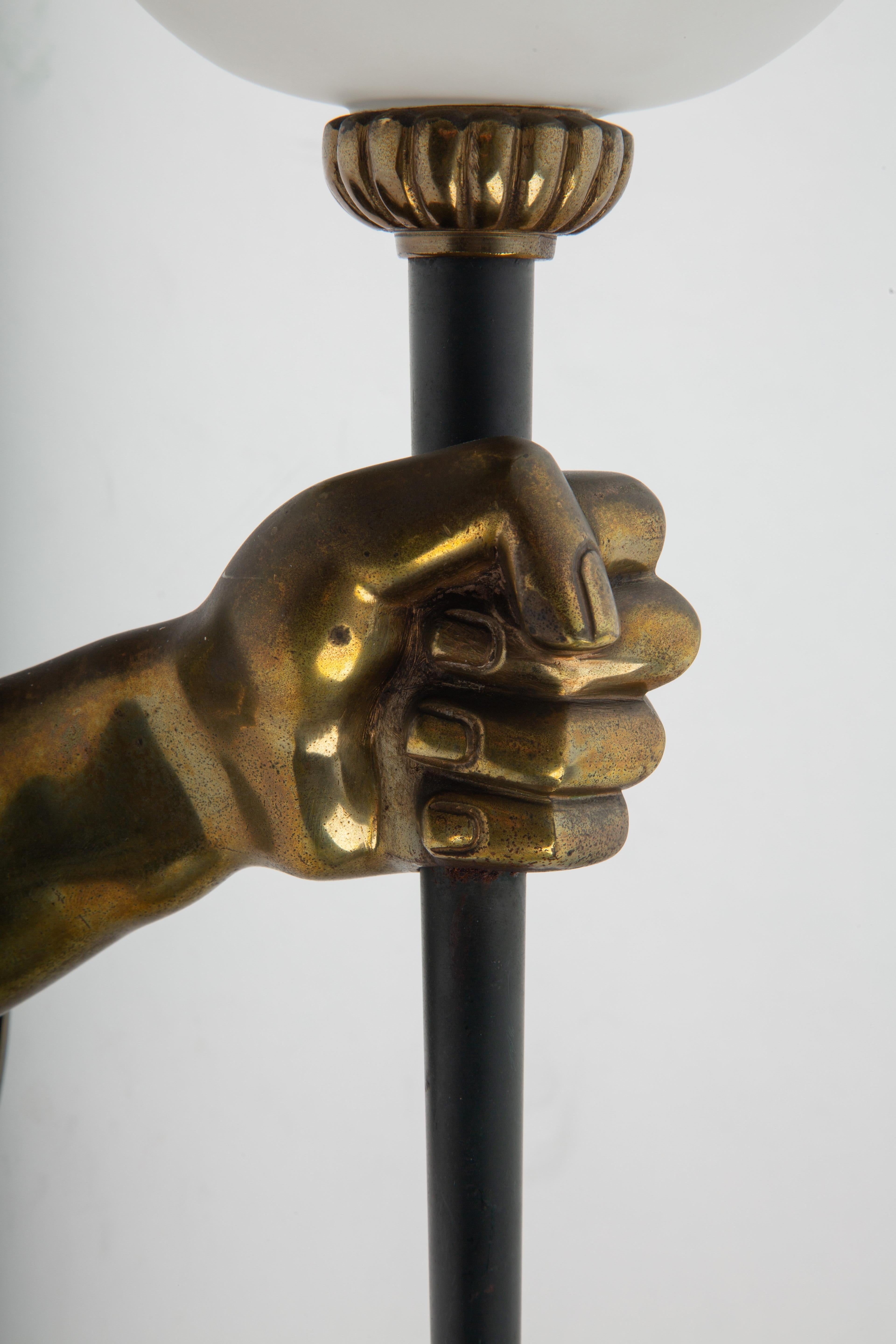 Bronze Hand-Form Wall Sconces with Opaline Shades by Maison Arlus (Pair) siglo XX en venta