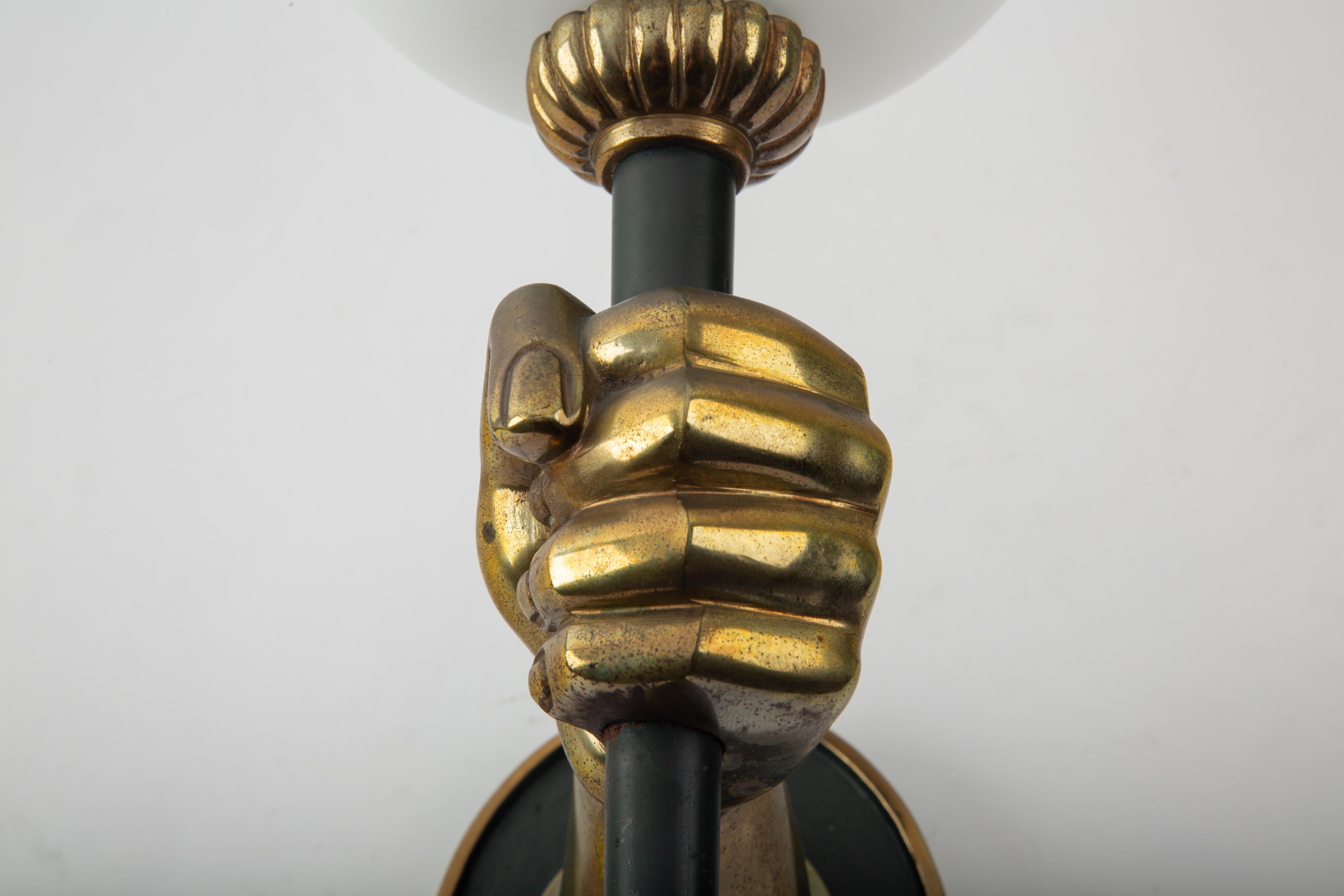 Bronze Hand-Form Wall Sconces with Opaline Shades by Maison Arlus (Pair) Bronce en venta