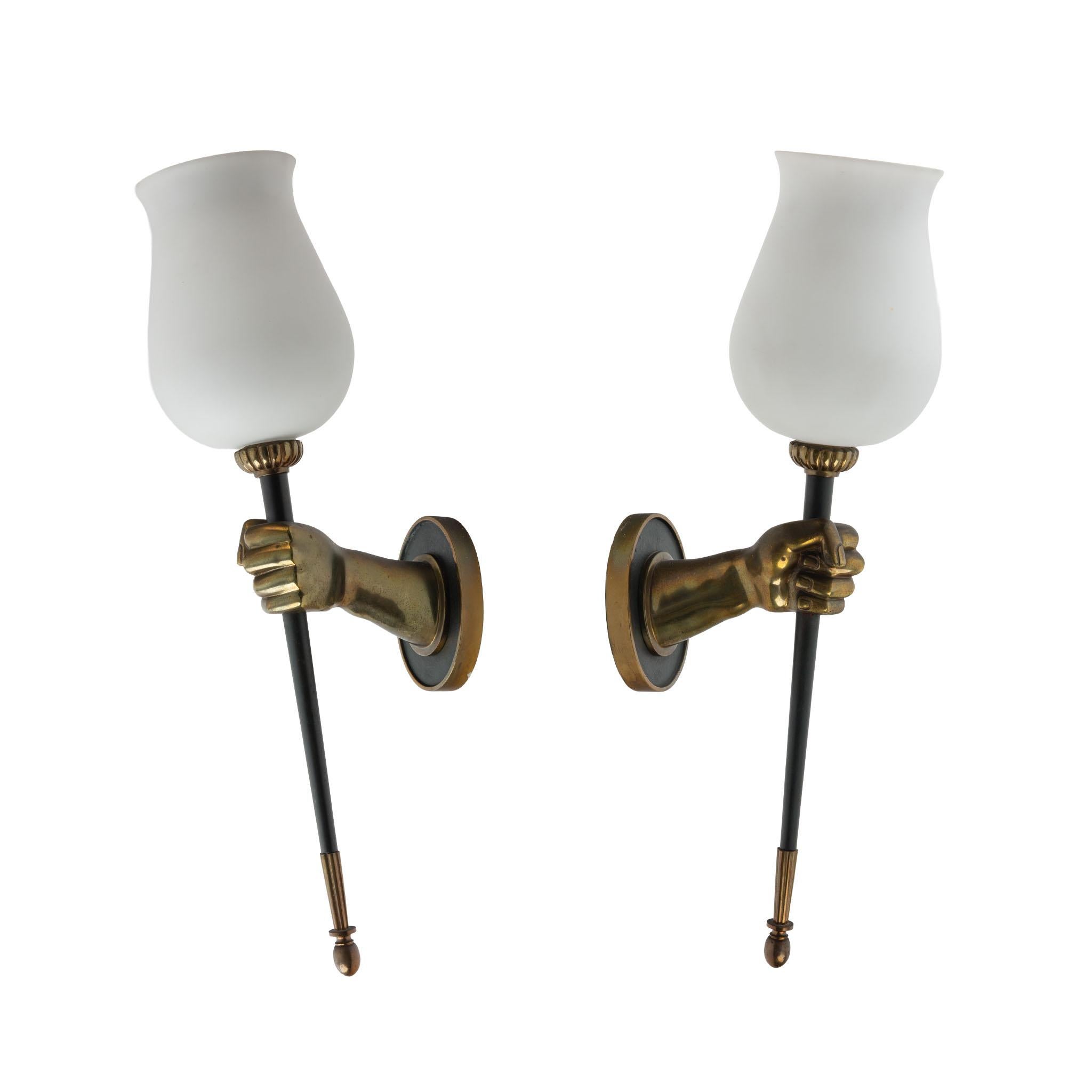 Bronze Hand-Form Wall Sconces with Opaline Shades by Maison Arlus (Pair) en venta 2