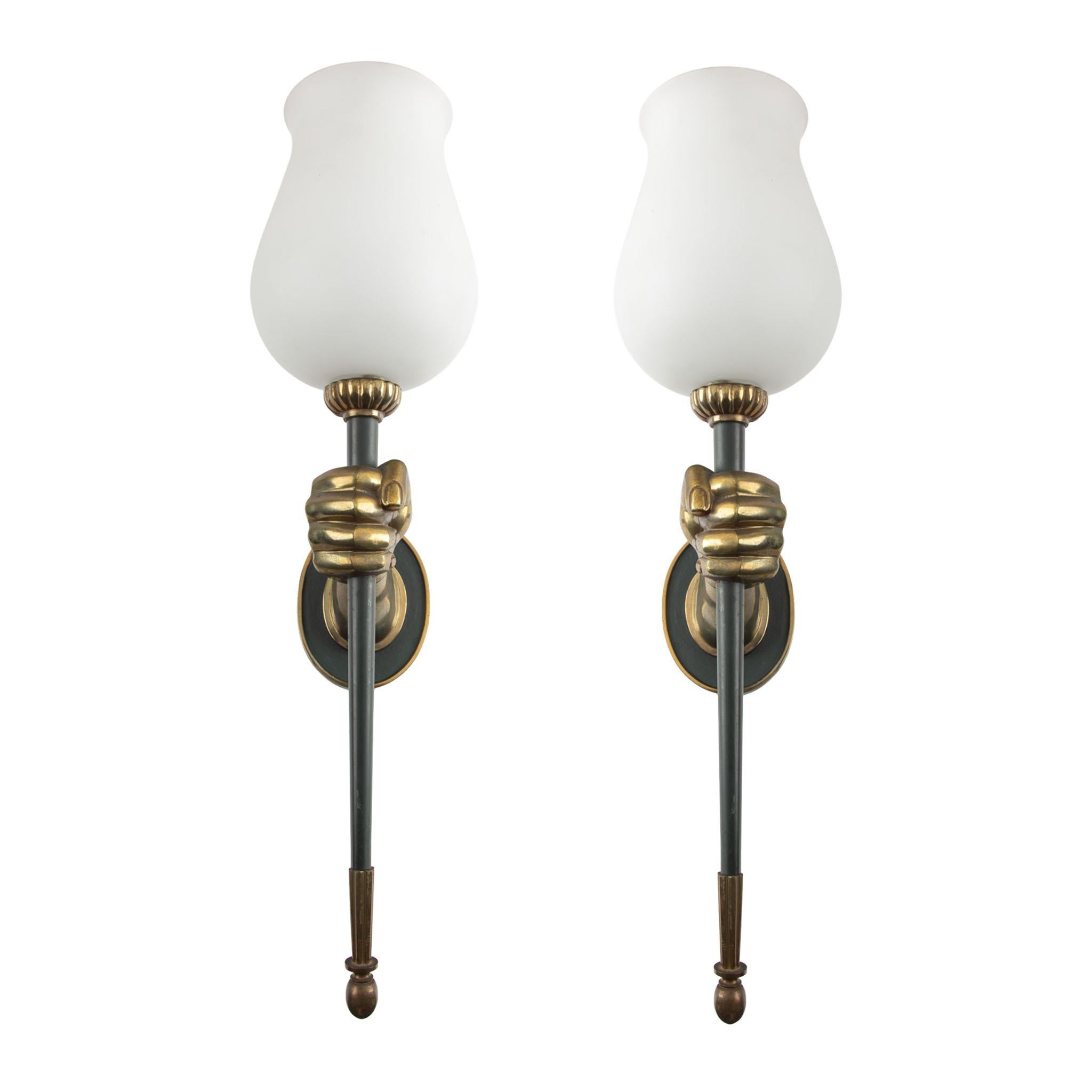 Bronze Hand-Form Wall Sconces with Opaline Shades by Maison Arlus (Pair) en venta 3