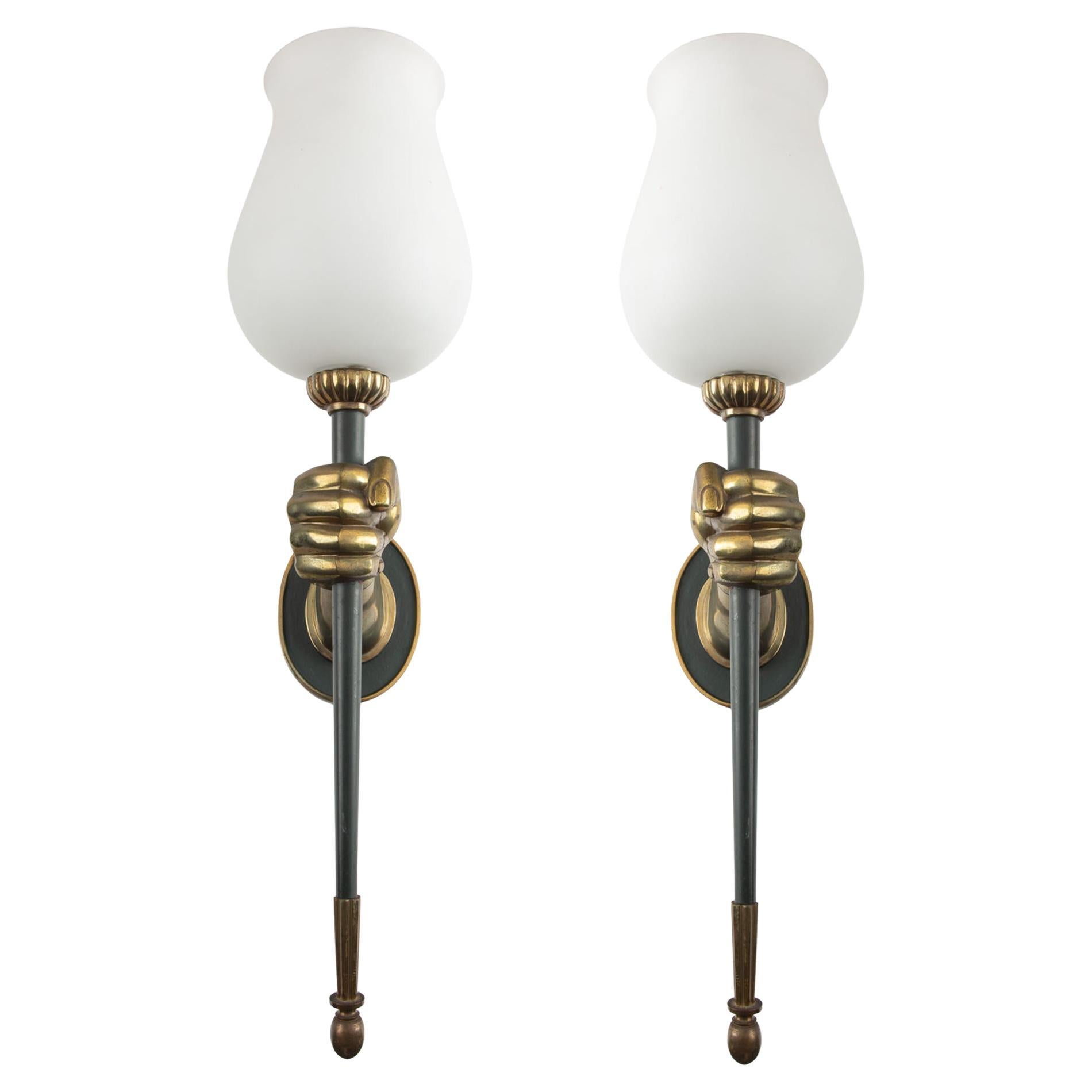 Bronze Hand-Form Wall Sconces with Opaline Shades by Maison Arlus (Pair)