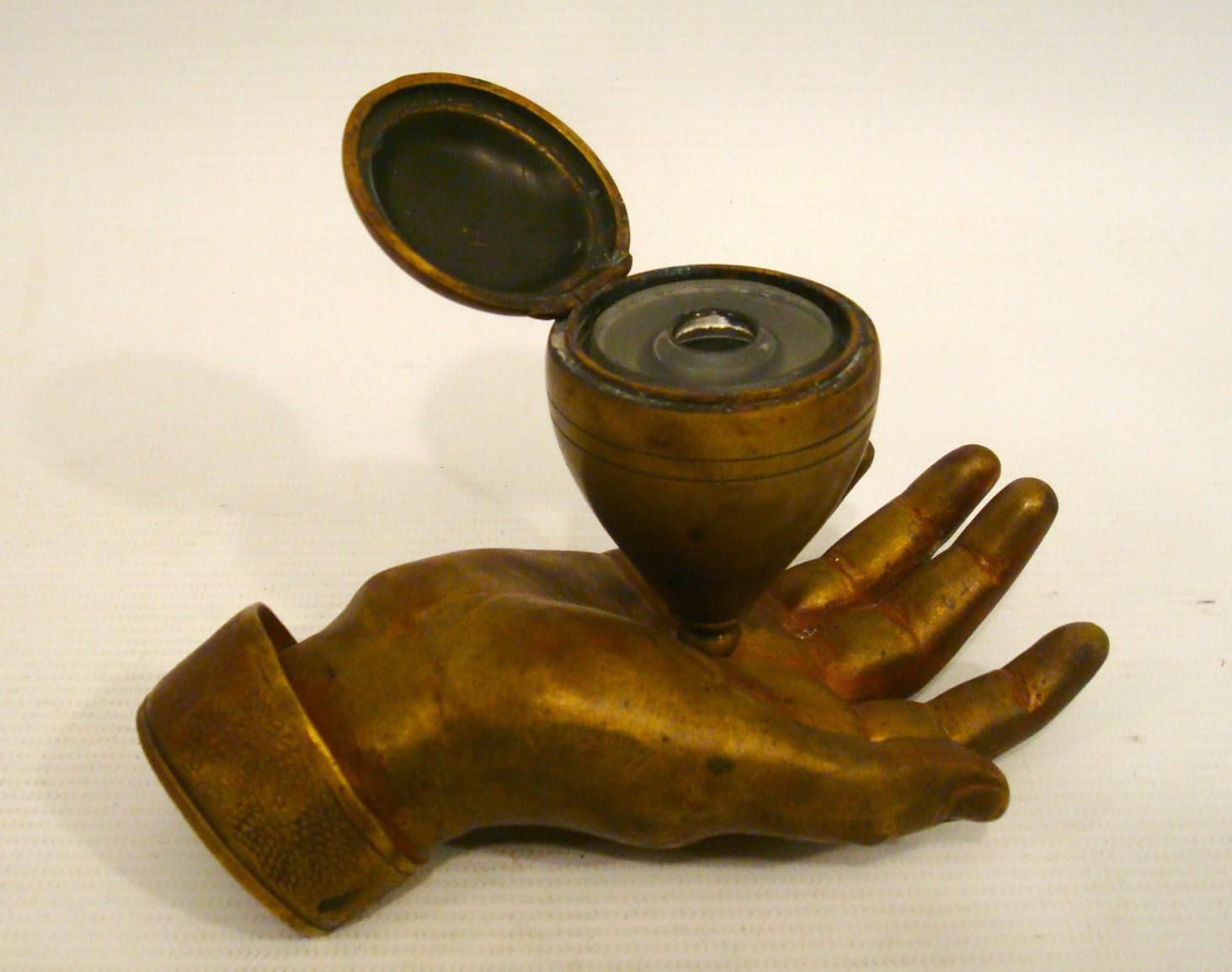 English Bronze Hand Inkstand / Inkwell Desk Piece For Sale