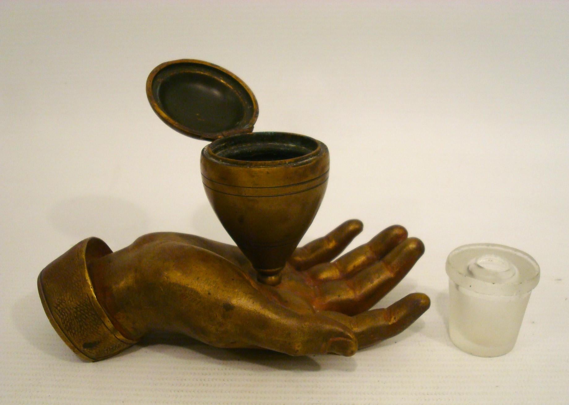 Patinated Bronze Hand Inkstand / Inkwell Desk Piece For Sale