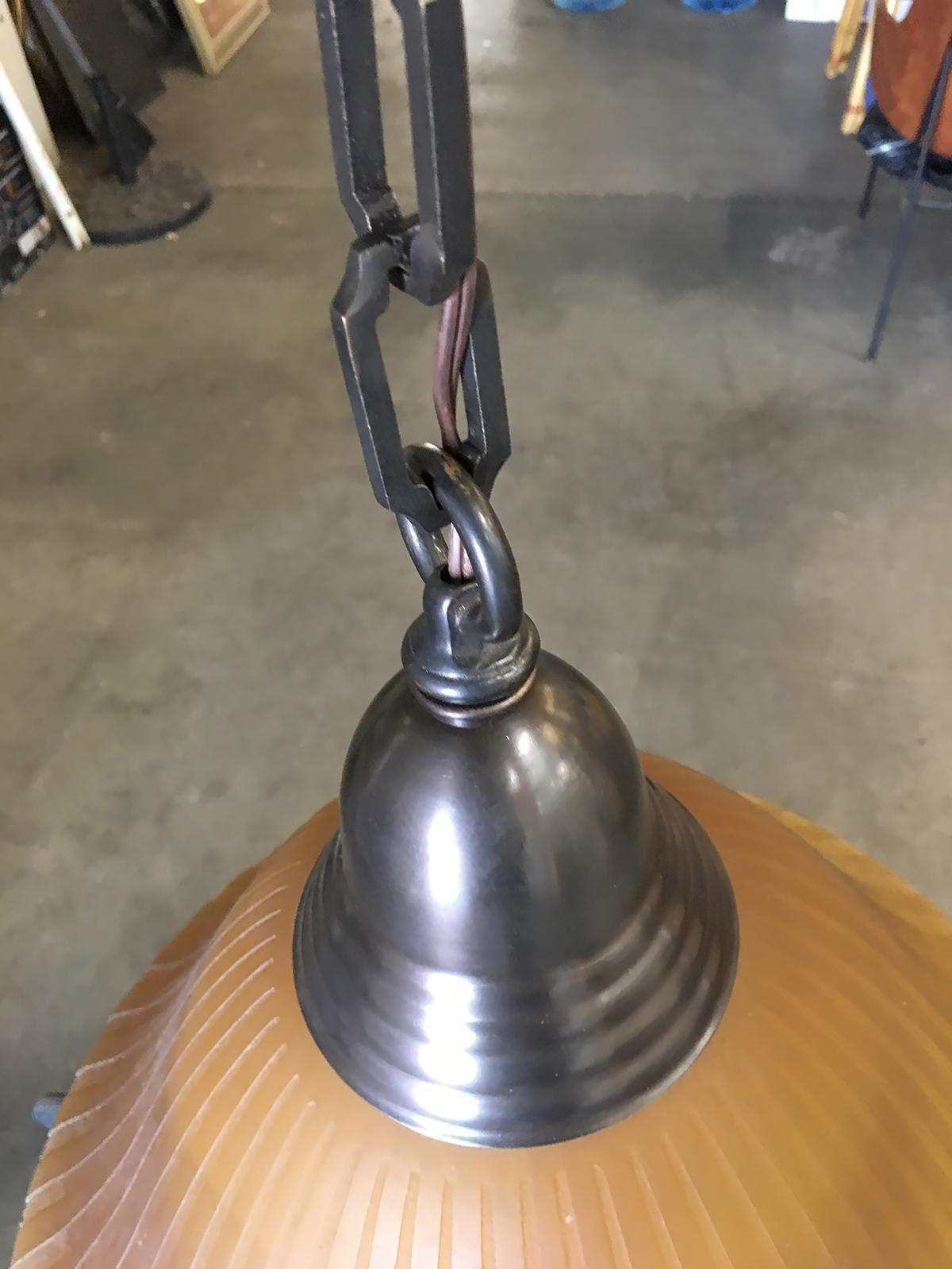 Bronze Hanging Lamp with Amber Glass Shade In Excellent Condition For Sale In Van Nuys, CA