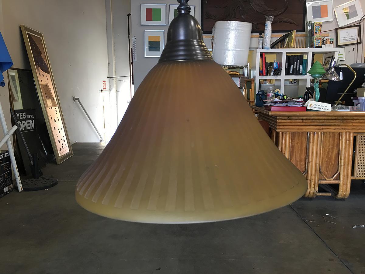 Contemporary Bronze Hanging Lamp with Amber Glass Shade For Sale