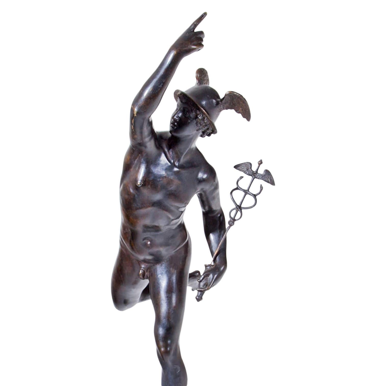 Hermes oder Merkur aus Bronze auf einem Sockel aus blauem Marmor nach der berühmten Skulptur von Giambologna.