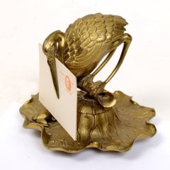 Bronze Heron & Frog Lily Pad Form Inkwell with Articulated Hinged Mouth Holder