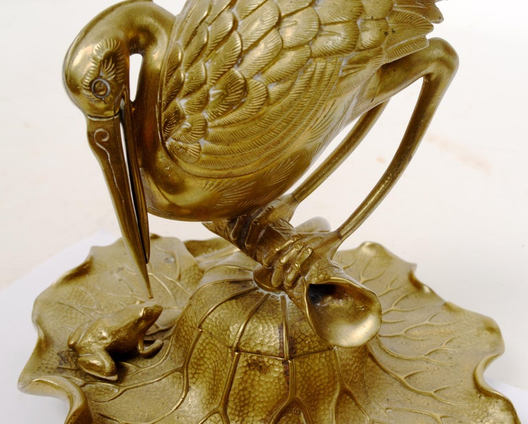Bronze Heron and Frog Lily Pad Form Inkwell with Articulated Hinged ...