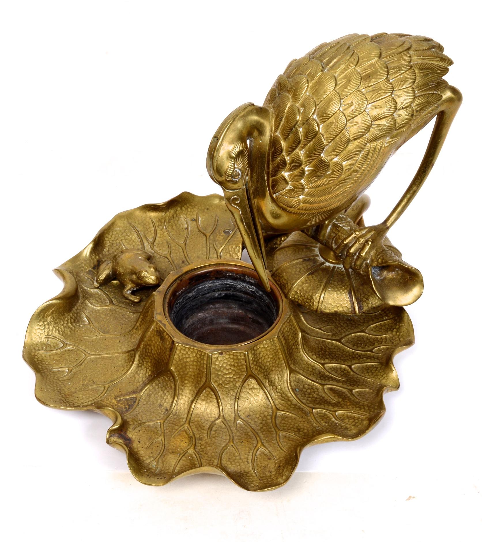 Unknown Bronze Heron & Frog Lily Pad Form Inkwell with Articulated Hinged Mouth Holder
