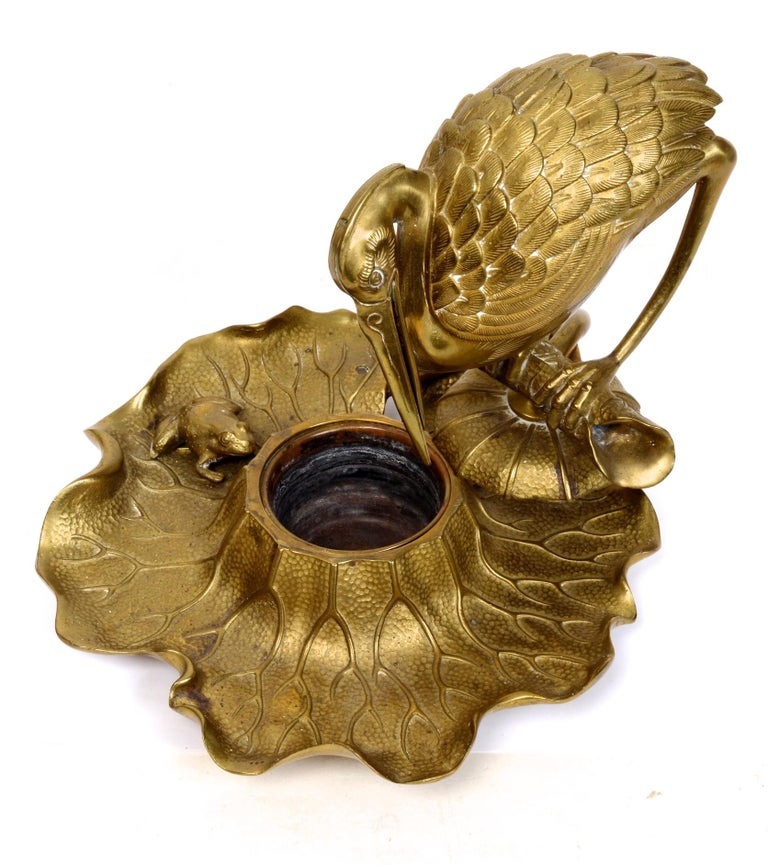 Bronze Heron and Frog Lily Pad Form Inkwell with Articulated Hinged ...