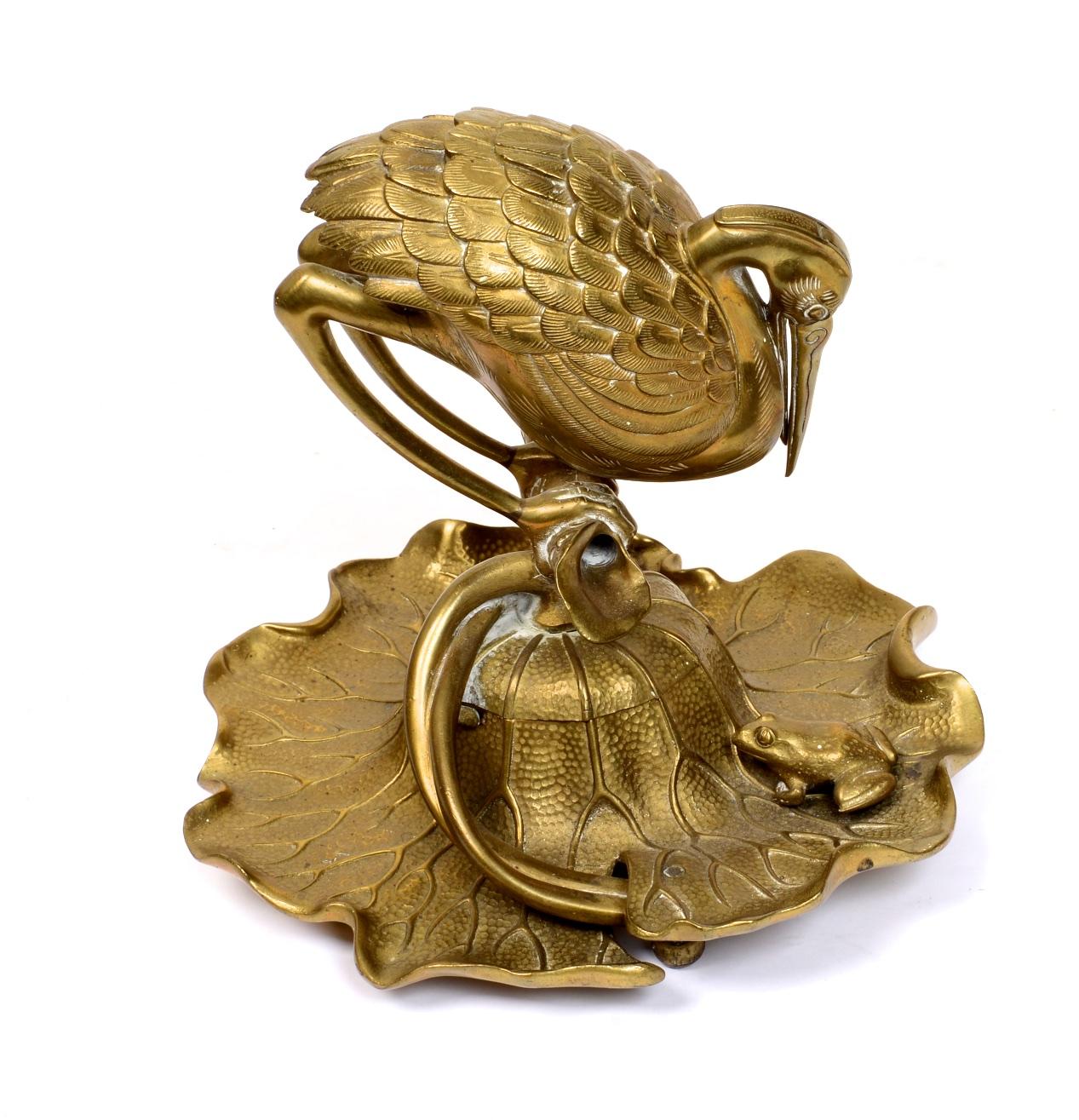 Cast Bronze Heron & Frog Lily Pad Form Inkwell with Articulated Hinged Mouth Holder