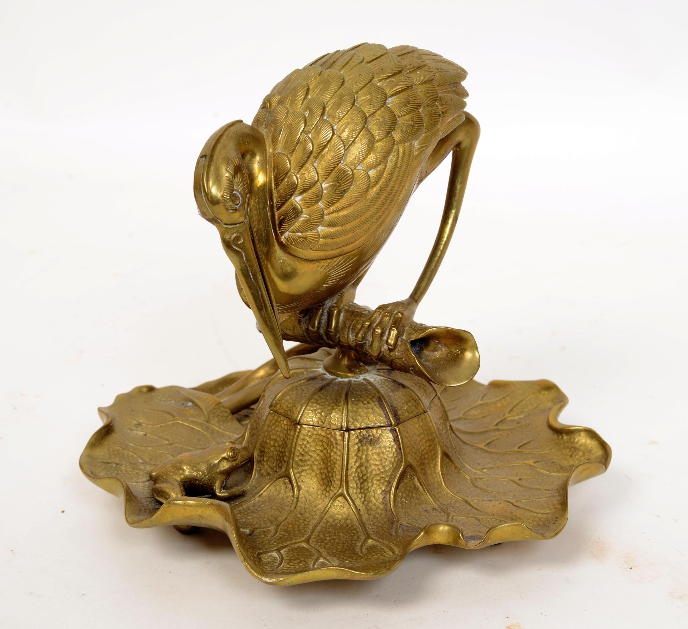 20th Century Bronze Heron & Frog Lily Pad Form Inkwell with Articulated Hinged Mouth Holder