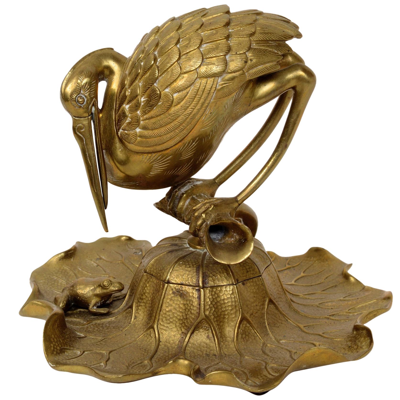 Bronze Heron & Frog Lily Pad Form Inkwell with Articulated Hinged Mouth Holder
