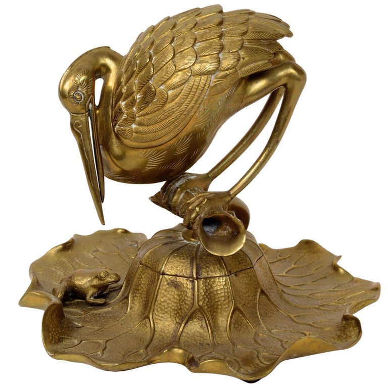 Bronze Heron and Frog Lily Pad Form Inkwell with Articulated Hinged ...