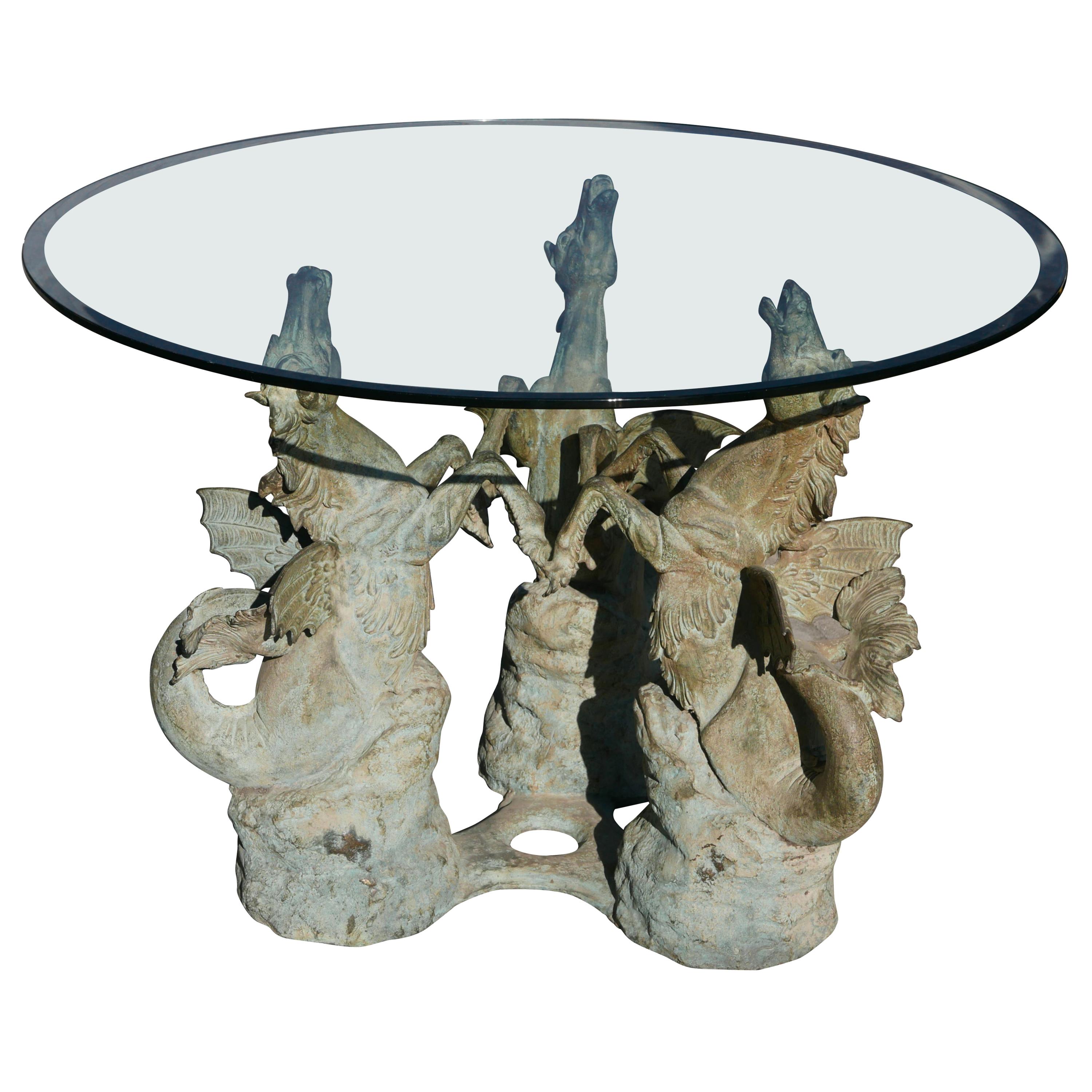 Bronze Hippocampus Center Table with Verdigris Patina