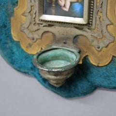 Bronze Holy Water Font with Madonna and Child Painting on Porcelain Early 20thC