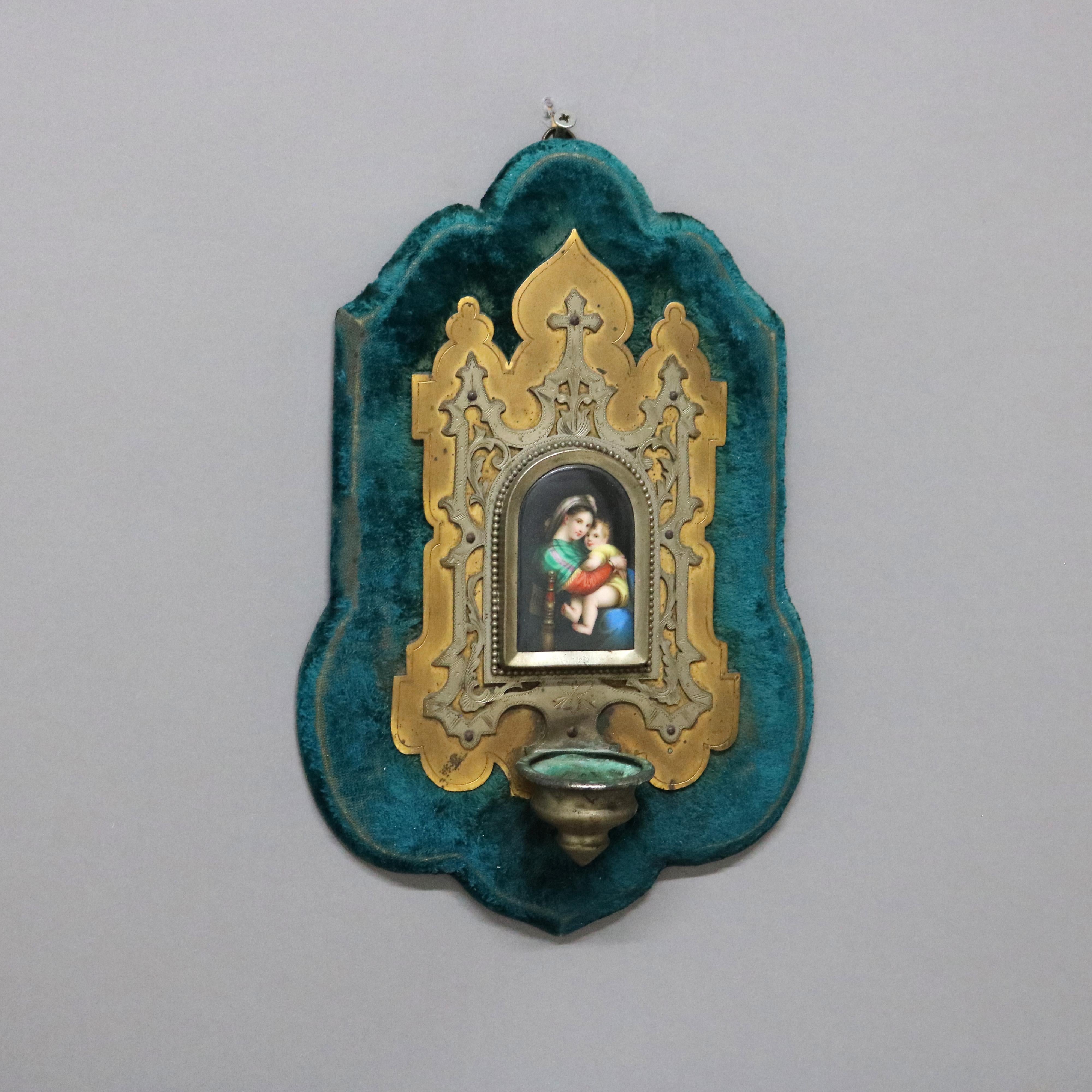 Bronze Holy Water Font with Madonna and Child Painting on Porcelain Early 20thC In Good Condition In Big Flats, NY
