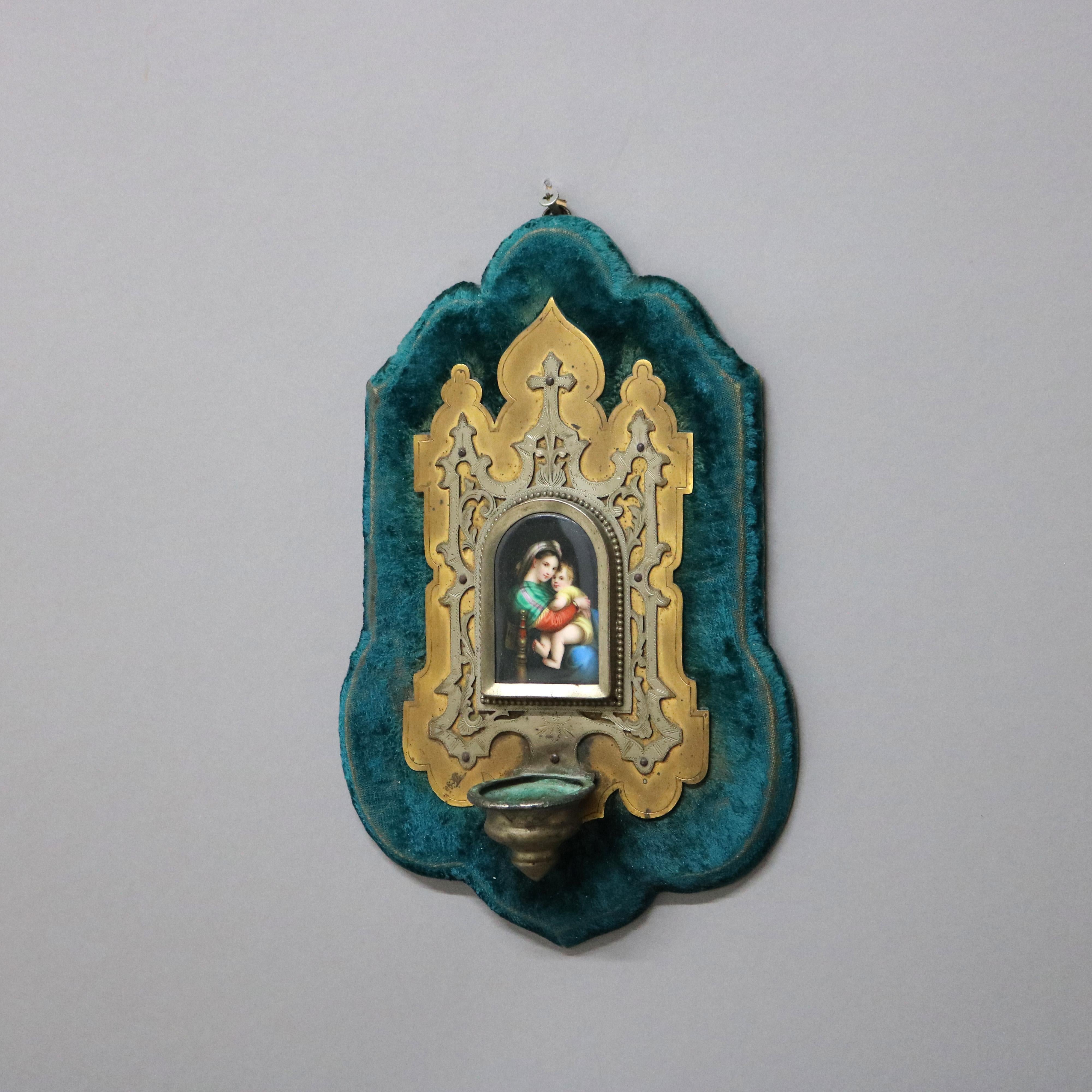 20th Century Bronze Holy Water Font with Madonna and Child Painting on Porcelain Early 20thC