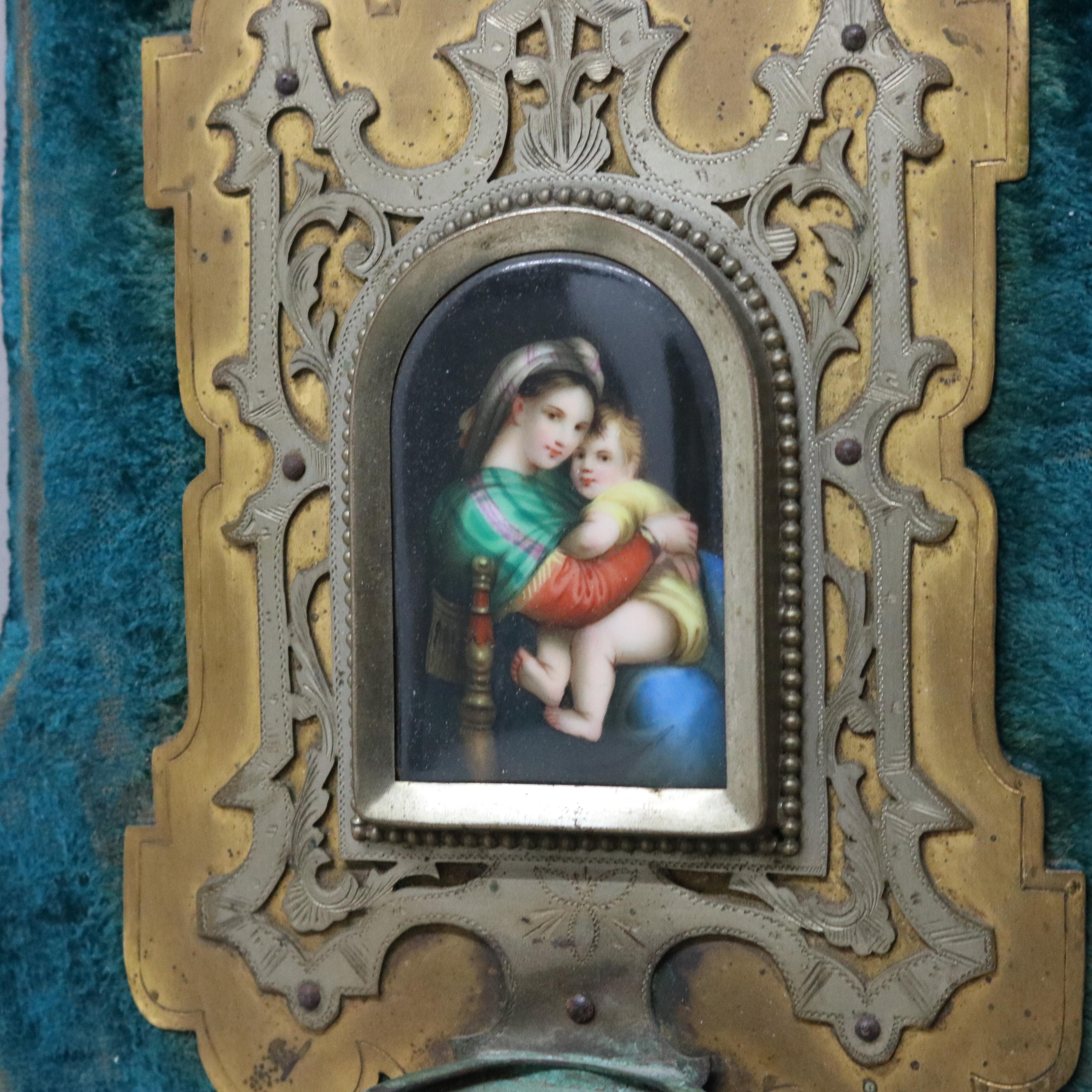 Bronze Holy Water Font with Madonna and Child Painting on Porcelain Early 20thC 1