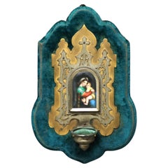 Bronze Holy Water Font with Madonna and Child Painting on Porcelain Early 20thC