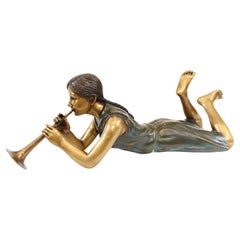Bronze Horn Player Child Statue Girl Casting Garden