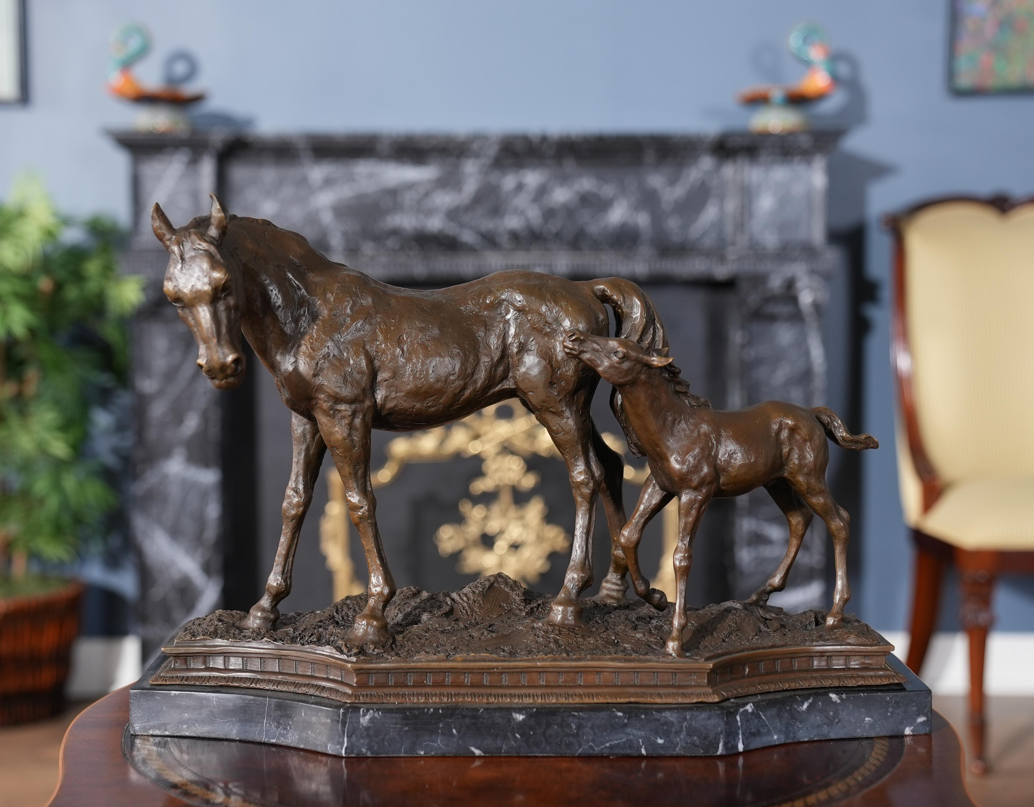 Graceful even when standing still the Bronze Horse and Foal on Marble Base is a striking addition to any setting. Using traditional lost wax casting methods the Bronze Horse and Foal is created in pieces and then joined together with brazing and