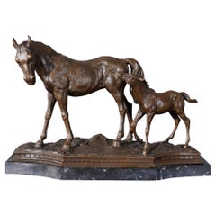 Bronze Horse and Foal on Marble Base