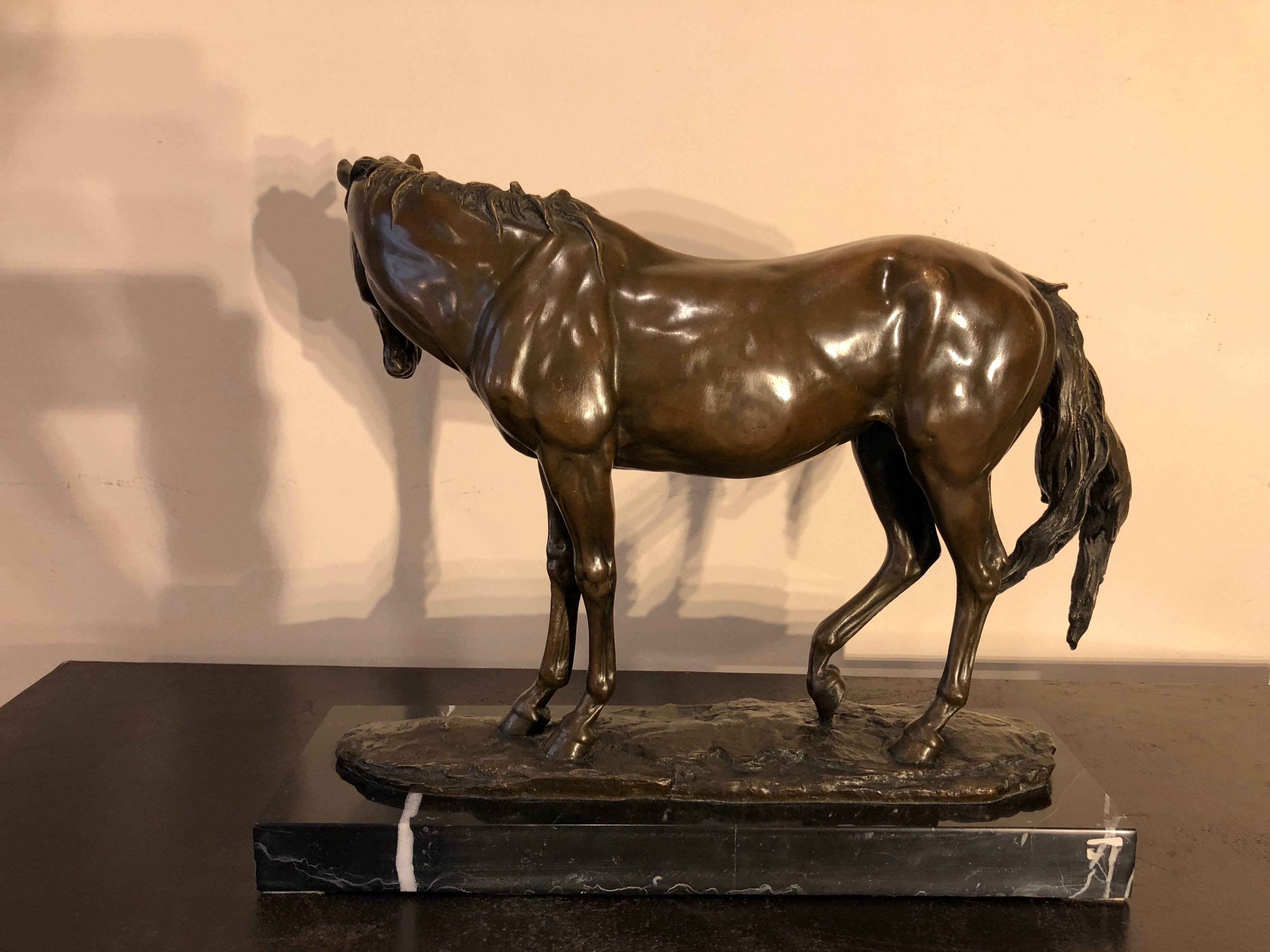 Bronze Horse Black Marble Base Sculpture Signed Milo, France, 1920 2