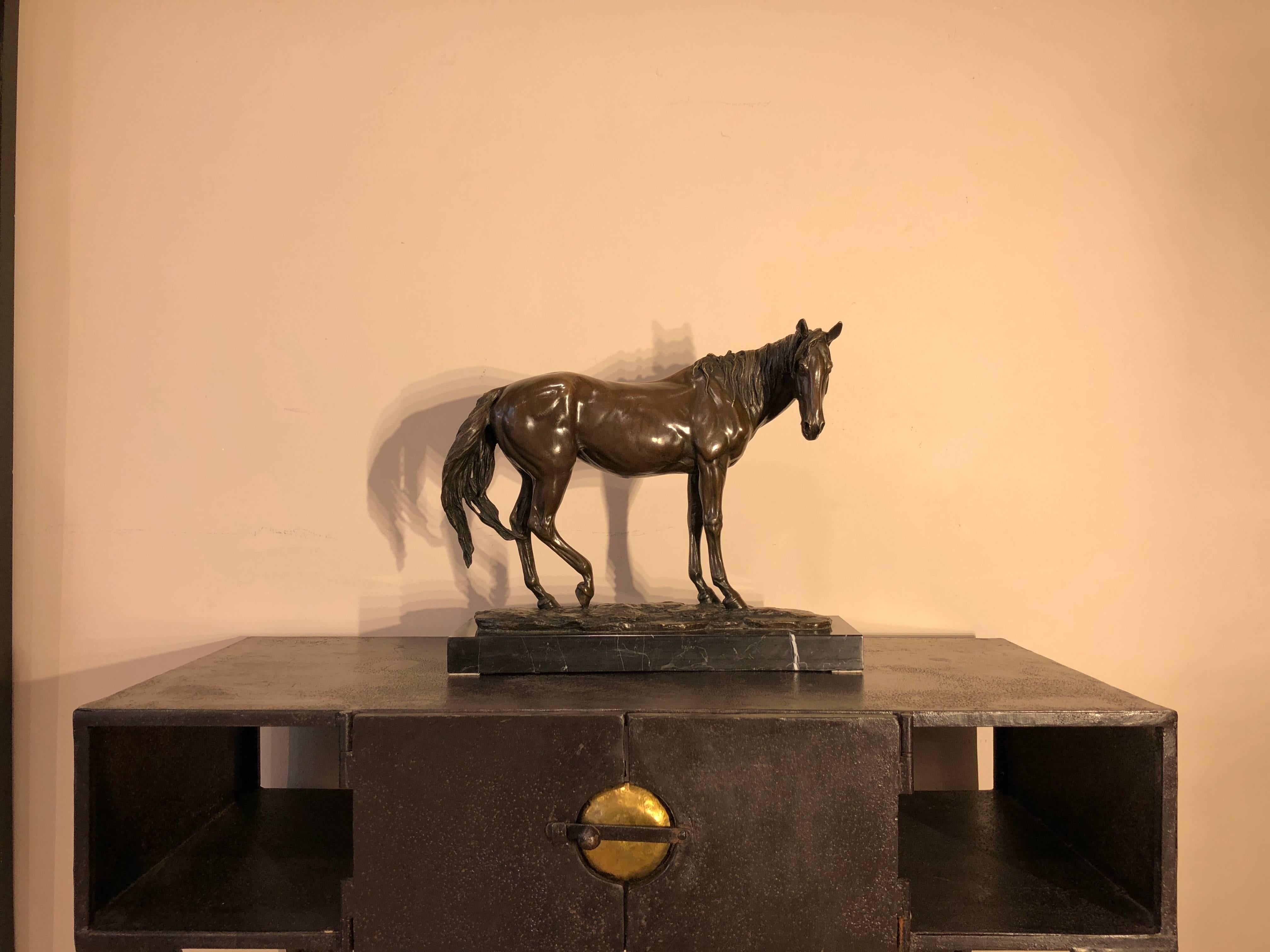 Art Nouveau Bronze Horse Black Marble Base Sculpture Signed Milo, France, 1920