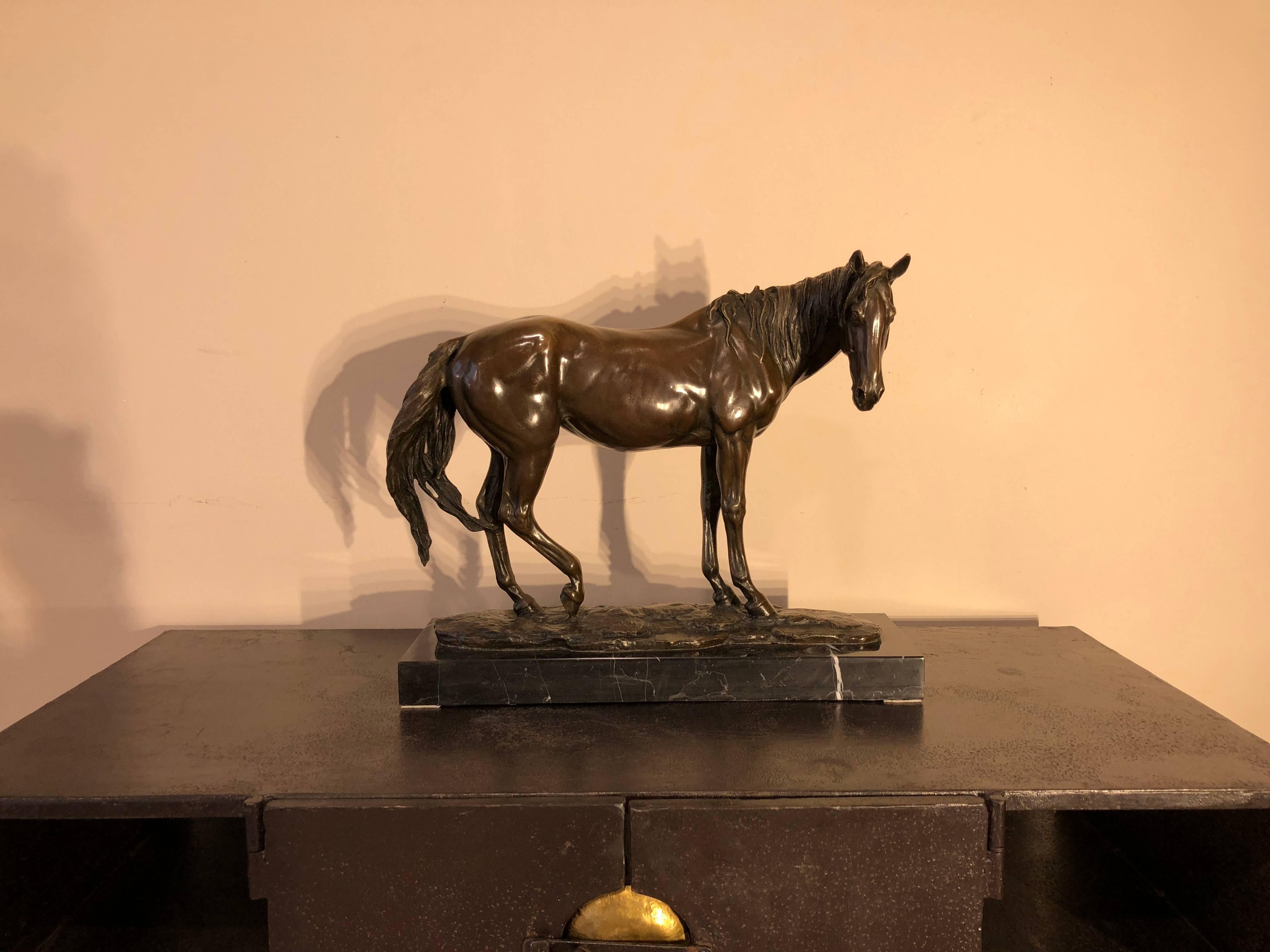 French Bronze Horse Black Marble Base Sculpture Signed Milo, France, 1920