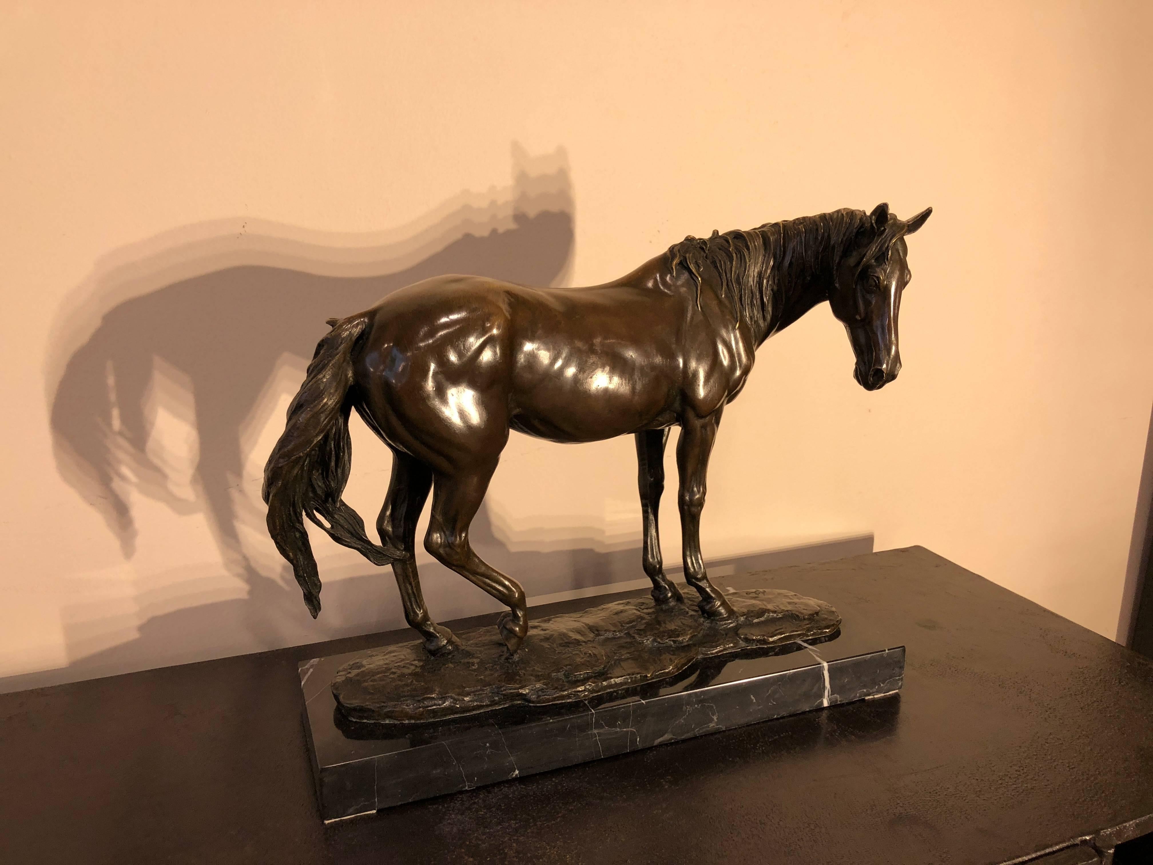 20th Century Bronze Horse Black Marble Base Sculpture Signed Milo, France, 1920