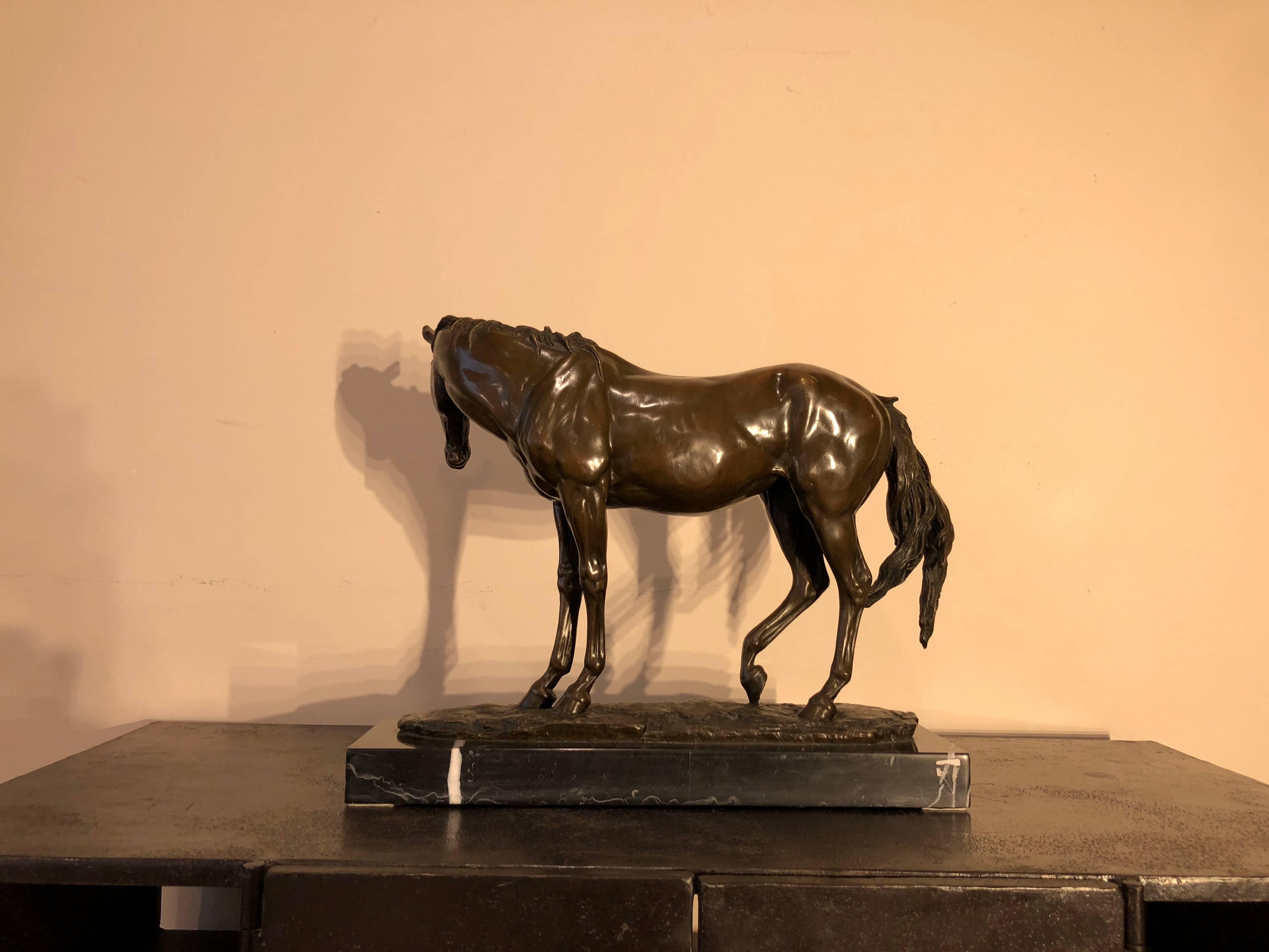 Bronze Horse Black Marble Base Sculpture Signed Milo, France, 1920 1