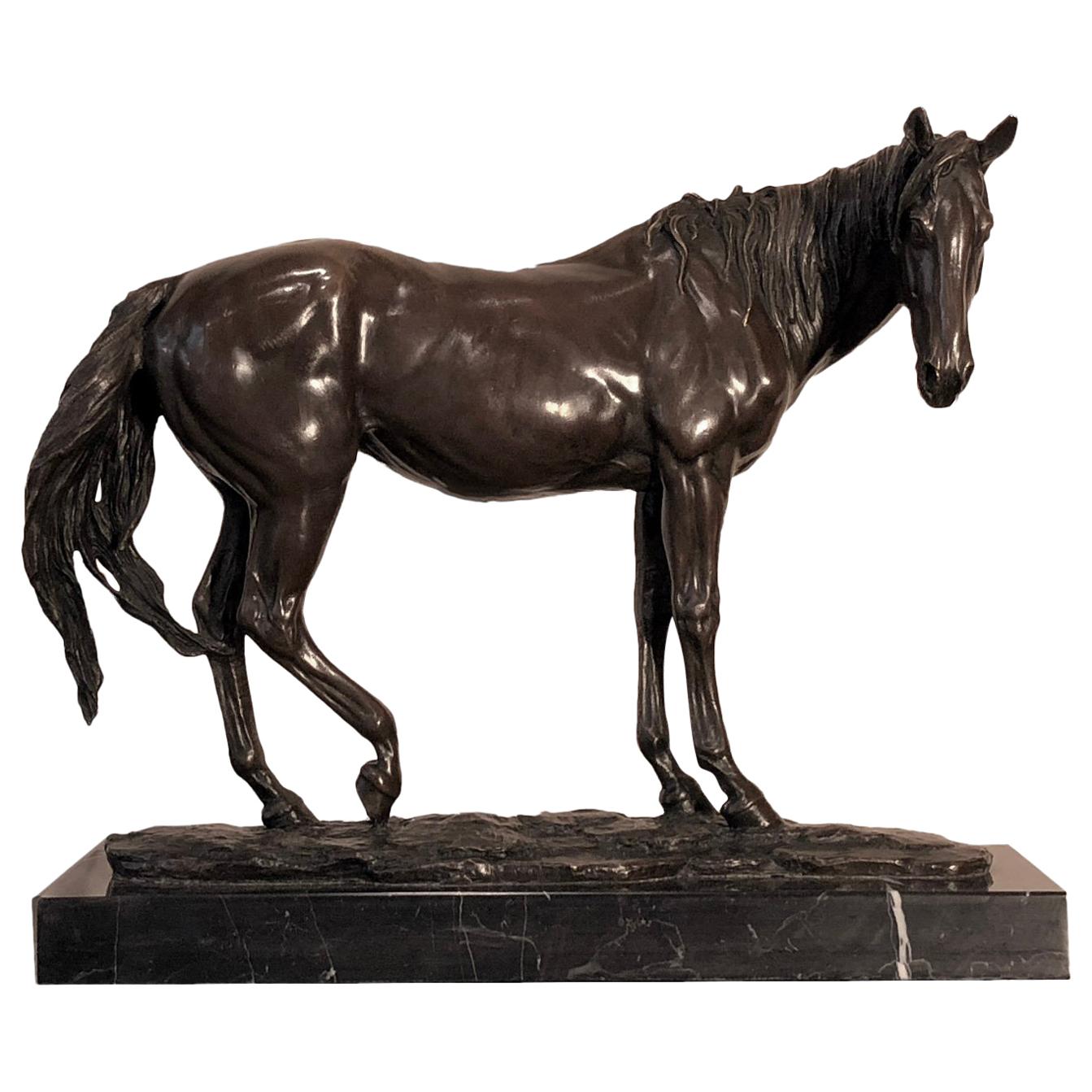 Bronze Horse Black Marble Base Sculpture Signed Milo, France, 1920